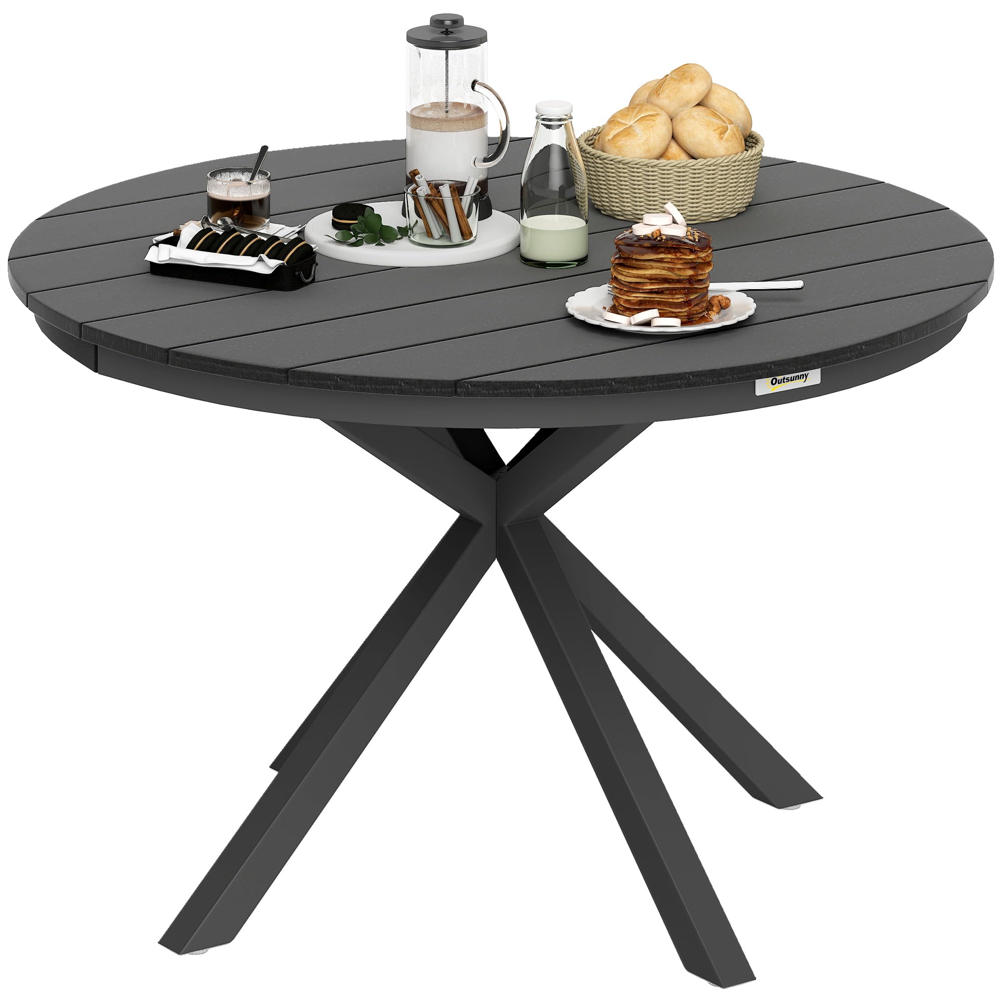 Outsunny Table à Manger de Jardin Ronde Ø 118 cm Aluminium Plateau Effet Bois Patins réglables Noir