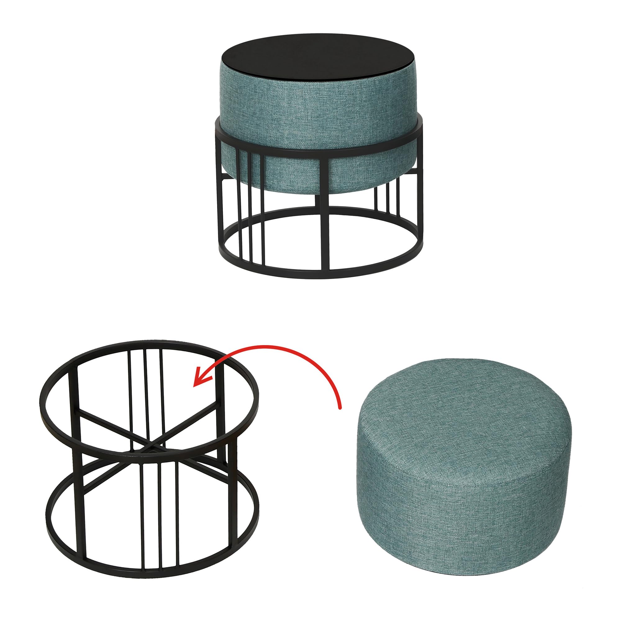 [en.casa] Set 2 Pouf 2in1 Reversibili Impilabili Seduta Imbottita e Piano Rigido in MDF Telaio in Metallo Tavolino Poggiapiedi Sgabello Circolari 38xØ38 cm Verde