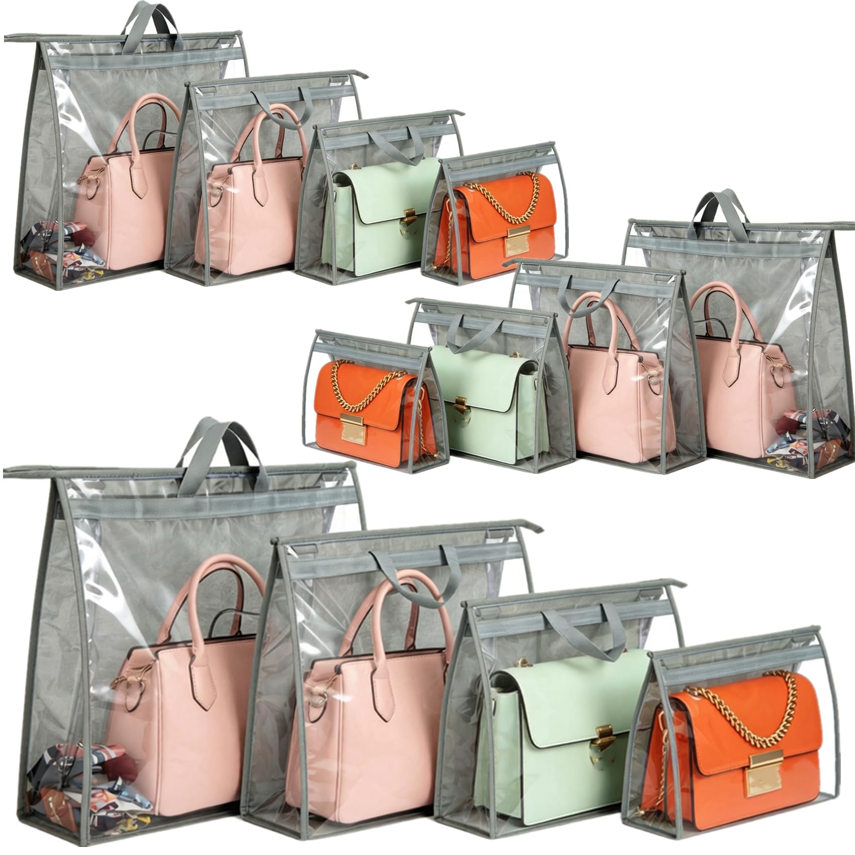 Paquete de 12 bolsas de polvo para bolso, bolsa organizadora de almacenamiento transparente para armario con cremallera y asa, bolsa de 4 tamaños para colgar contra el polvo para bolso,