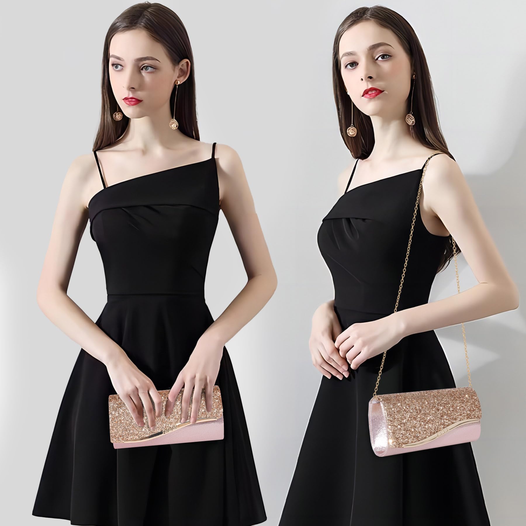 Larcenciel Glitter Evening Clutch Purse for Women with 2 Chain Straps, Fashion Youth Girls Party Bags, Sequins Shoulder Crossbody Handbags for Prom Wedding Cocktail Formal Events Nights Out, Champagne