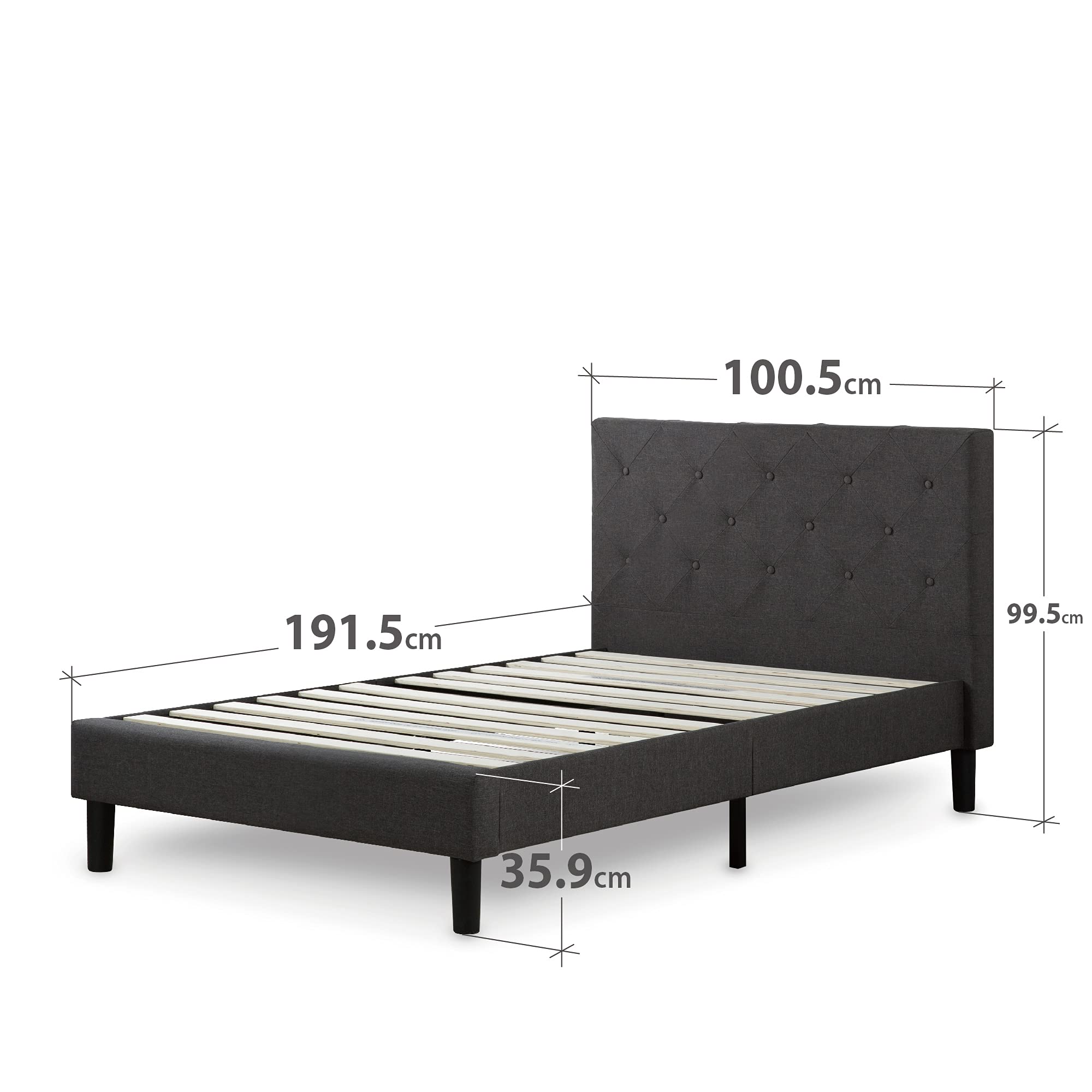 Zinus Shalini Letto 80x190 cm - Struttura letto 35 cm di altezza - Struttura letto a piattaforma imbottita con supporto a doghe in legno - Grigio scuro
