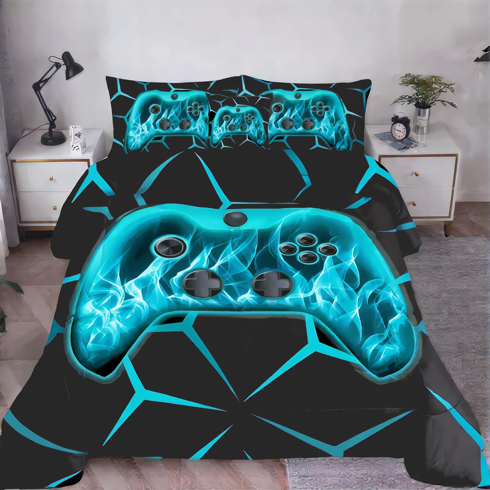 ZRNBAST 6 Pieces Kids Comforter Sets Twin Size Teal Game Console Bedding Set for Boys Girls Soft Microfiber 3D Cool Teen Gamer Bed in A Bag for All