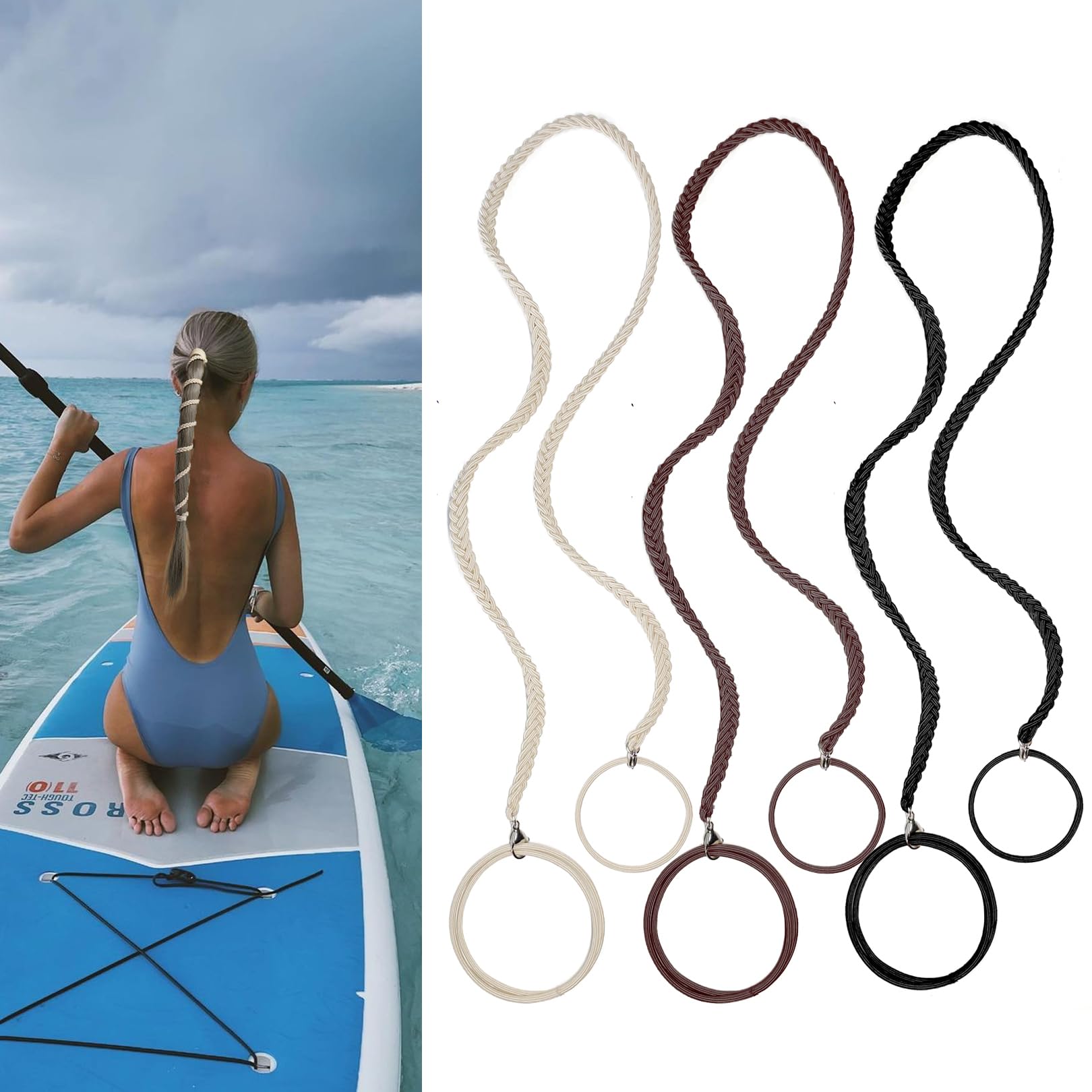 3 Packs 25" Spiral Hair Tie Sprots Ponytail Holders, Elastic Braided Hair Ties No Damage, Pony Tail Wrap for Long Hair for Gym, Swimming, Diving Black