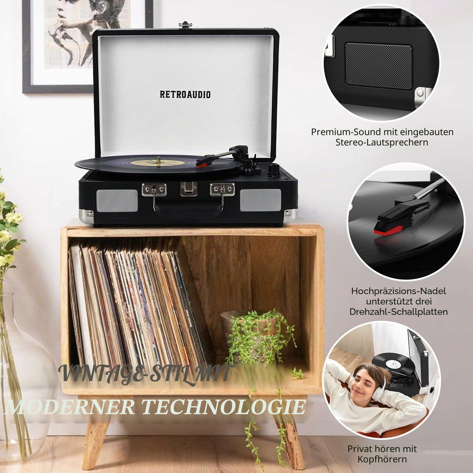 Vinyl-Plattenspieler 3-Gang Bluetooth tragbarer Koffer-Plattenspieler mit Riemenantrieb und 2 integrierten Stereolautsprechern Vinyl Vintage-Schallplattenspieler mit RCA-Line-Out, AUX-Out (Schwarz)