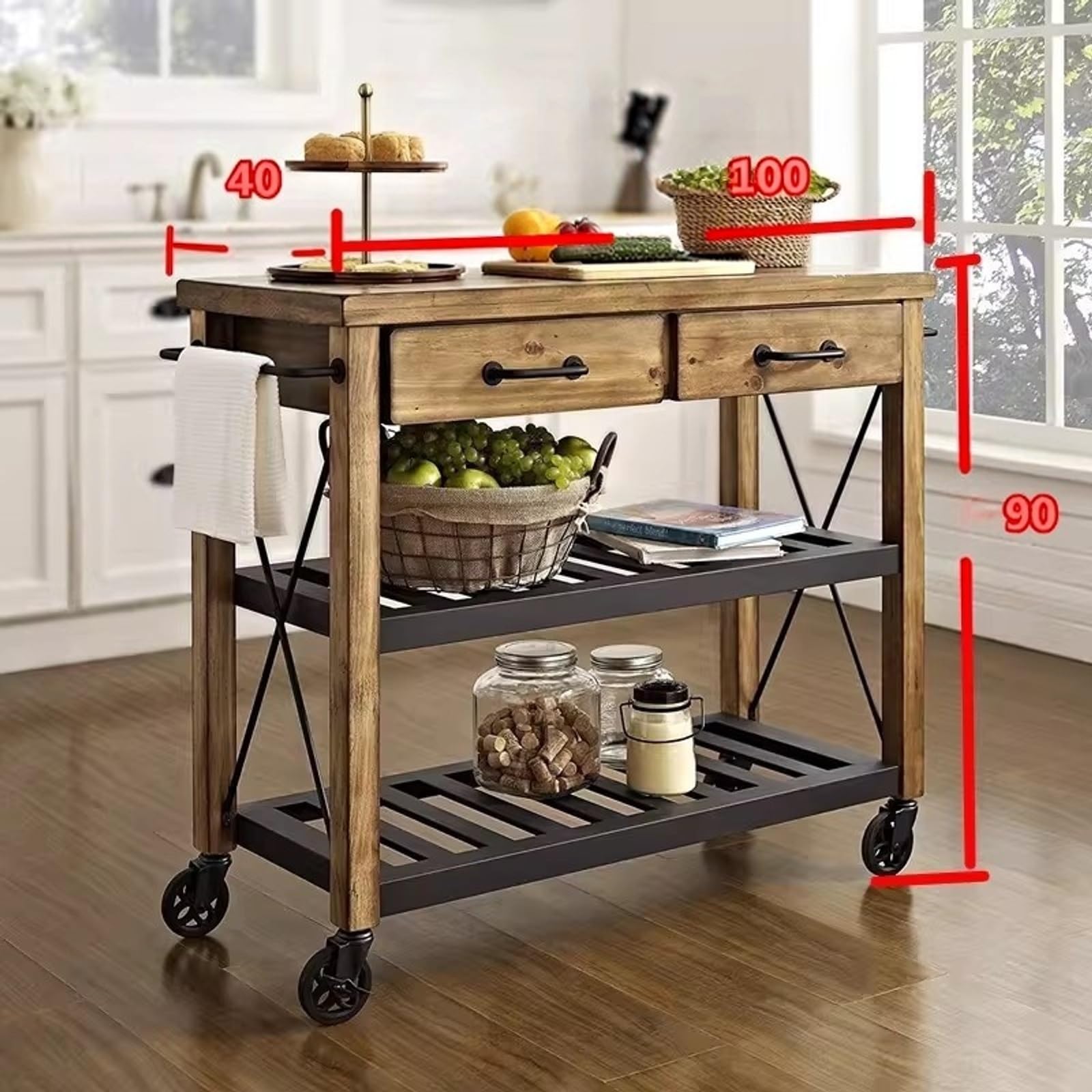 Zf9tBw5sH Unità cucina ad isola Carrello da cucina in legno rustico, isola con rotelle, cassetti e ripiani