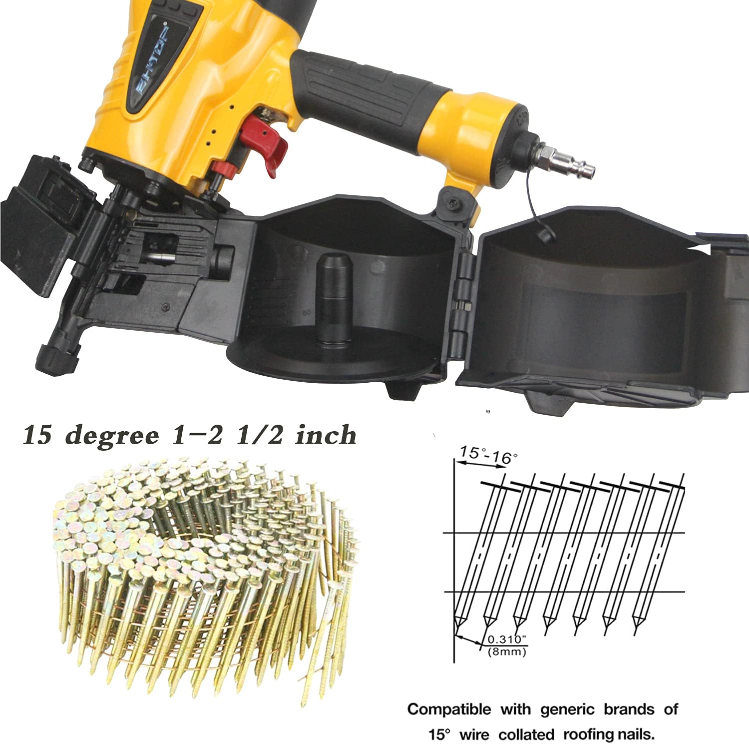 BHTOP 15-Degree Coil Siding Fencing Nailer 1 1/4-inch to 2-1/2-Inch for Siding, Fiber Cement, Fencing, Cedar Shake - - 