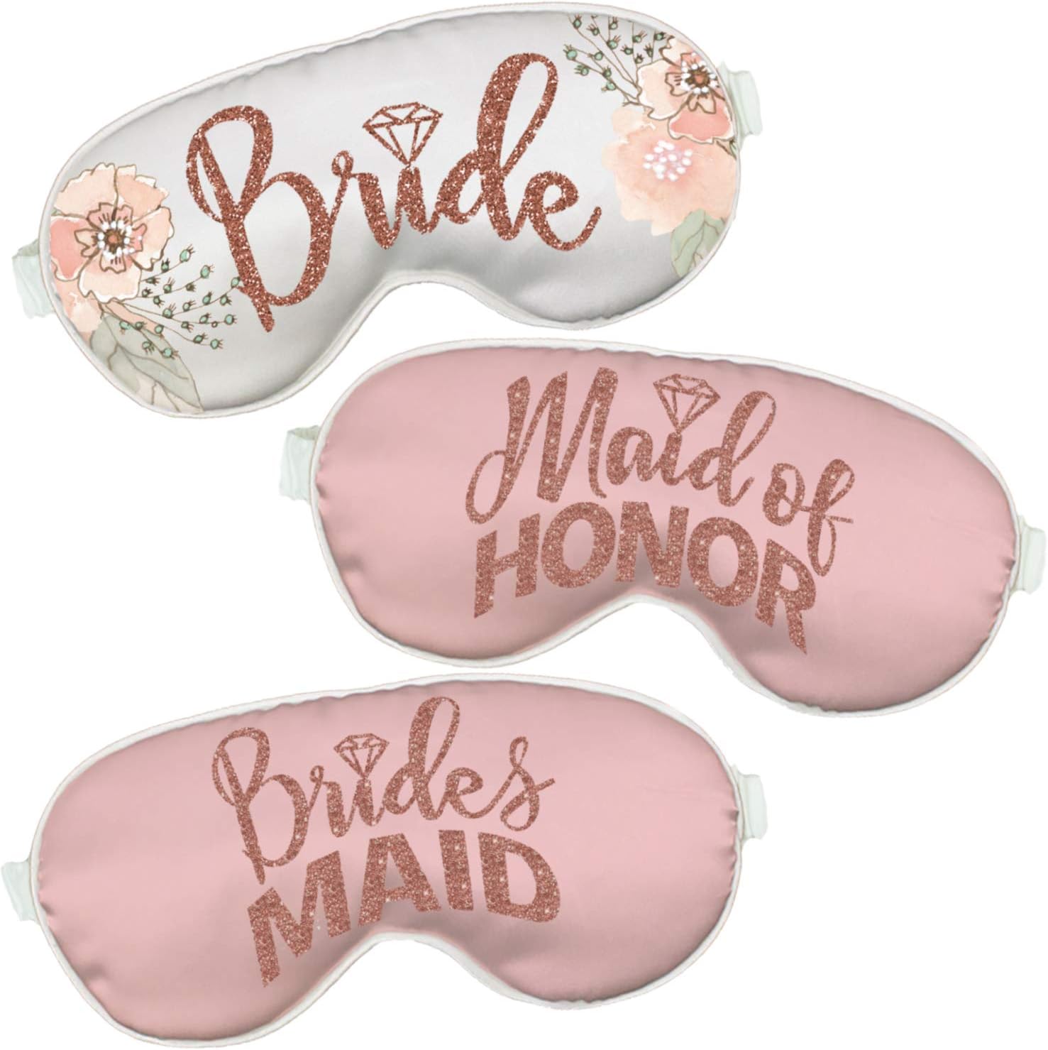 Bride Set Rose Gold Floral Satin Sleep Mask – Set of 3 Rose Gold Glitter (1) Bride White Floral (1) Maid of Honor and (1) Bridesmaid Rose Gold Blush with White Piping Eye Mask