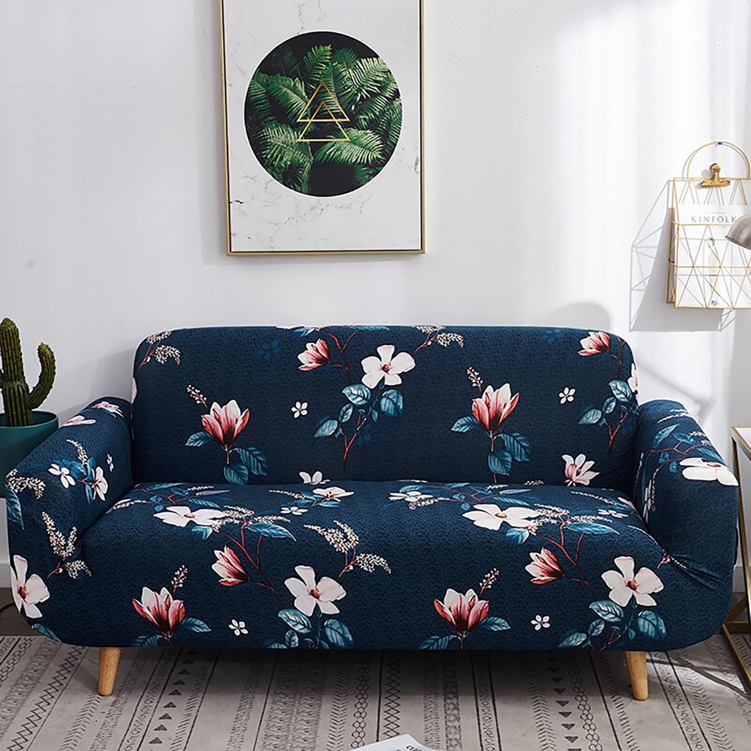 Digital Printed Sofa Cover 3 Seater Non-Slip Elastic Stretchable Slipcover (Blue_Flower)-image-17