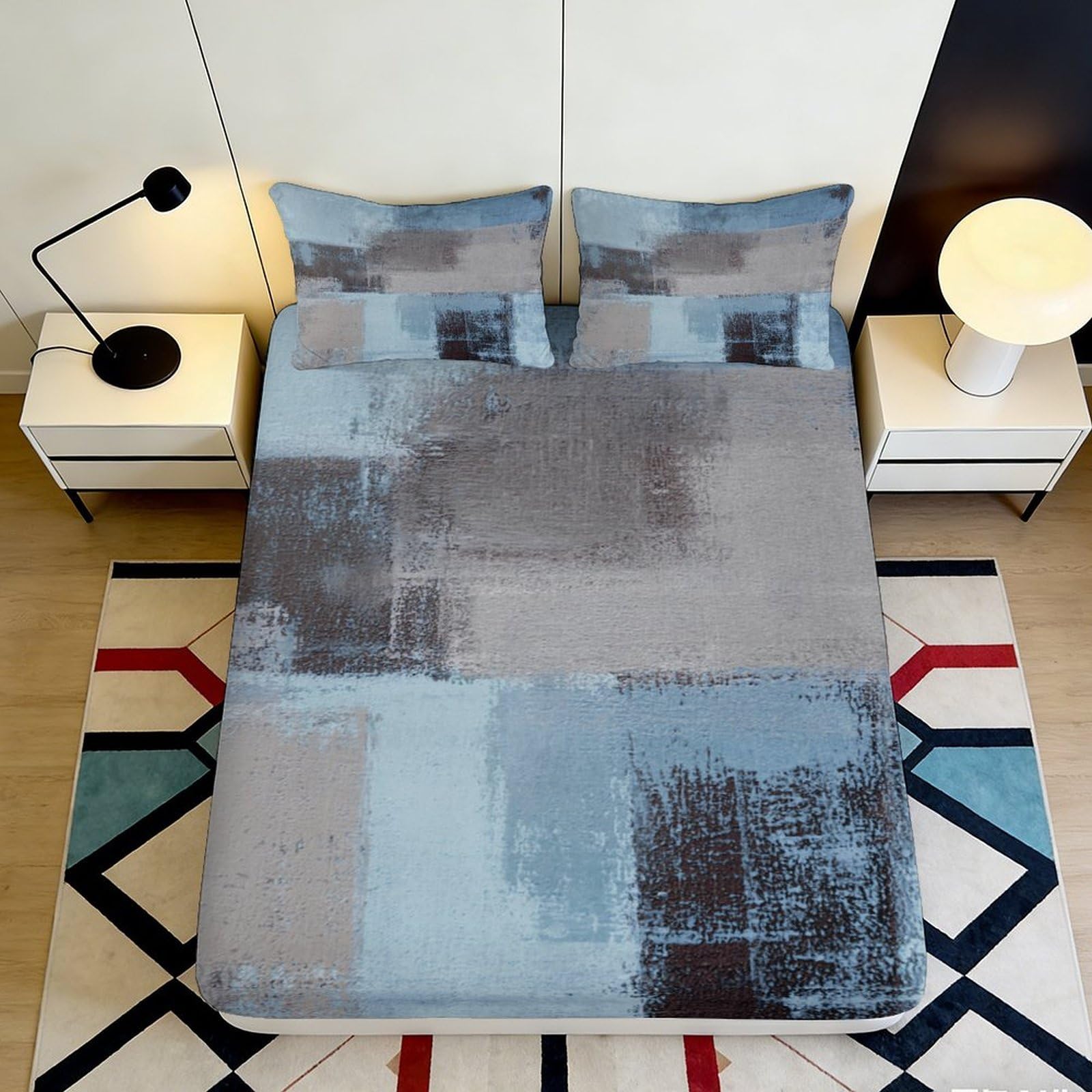 3D Printed Abstract Geometric Fitted Sheet Microfiber Grey Blue Block Mattress Cover for Bedroom Guest Room Decor 90x200x25cm