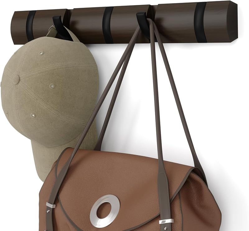 Umbra Flip Coat Rack, Ahorro de espacio de 5 ganchos montado en la pared, nogal/negro | Construcción de madera y acero real, ganchos retráctiles plegables, sostiene bolsas de abrigos y bufandas, fácil instalación