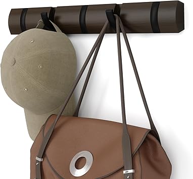 Umbra Flip Wall-Mounted Coat Rack with 5 Hooks Modern, Space-Saving Storage for Hats, Jackets, Bags, Entryway, Mudroom, Closet, Bathroom, Bedroom Black/Walnut