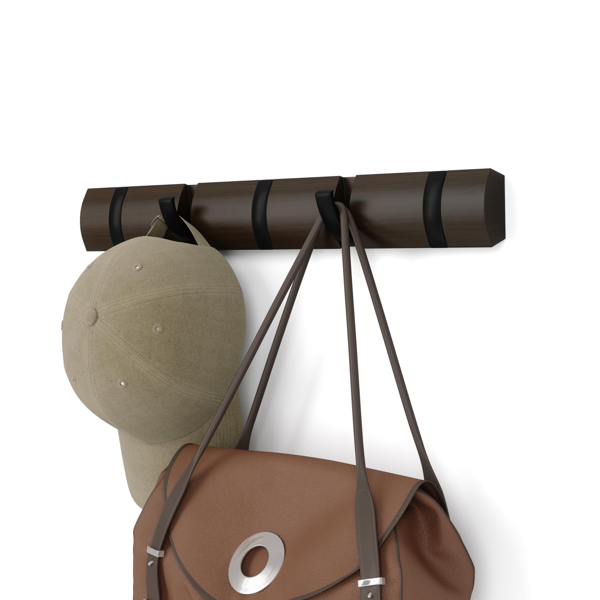 Umbra Flip Wall Mounted Floating Rack – Modern, Sleek, Space-Saving Hanger with Retractable Hooks to Hang Coats, Scarves, Purses and More, 5, Black/Walnut