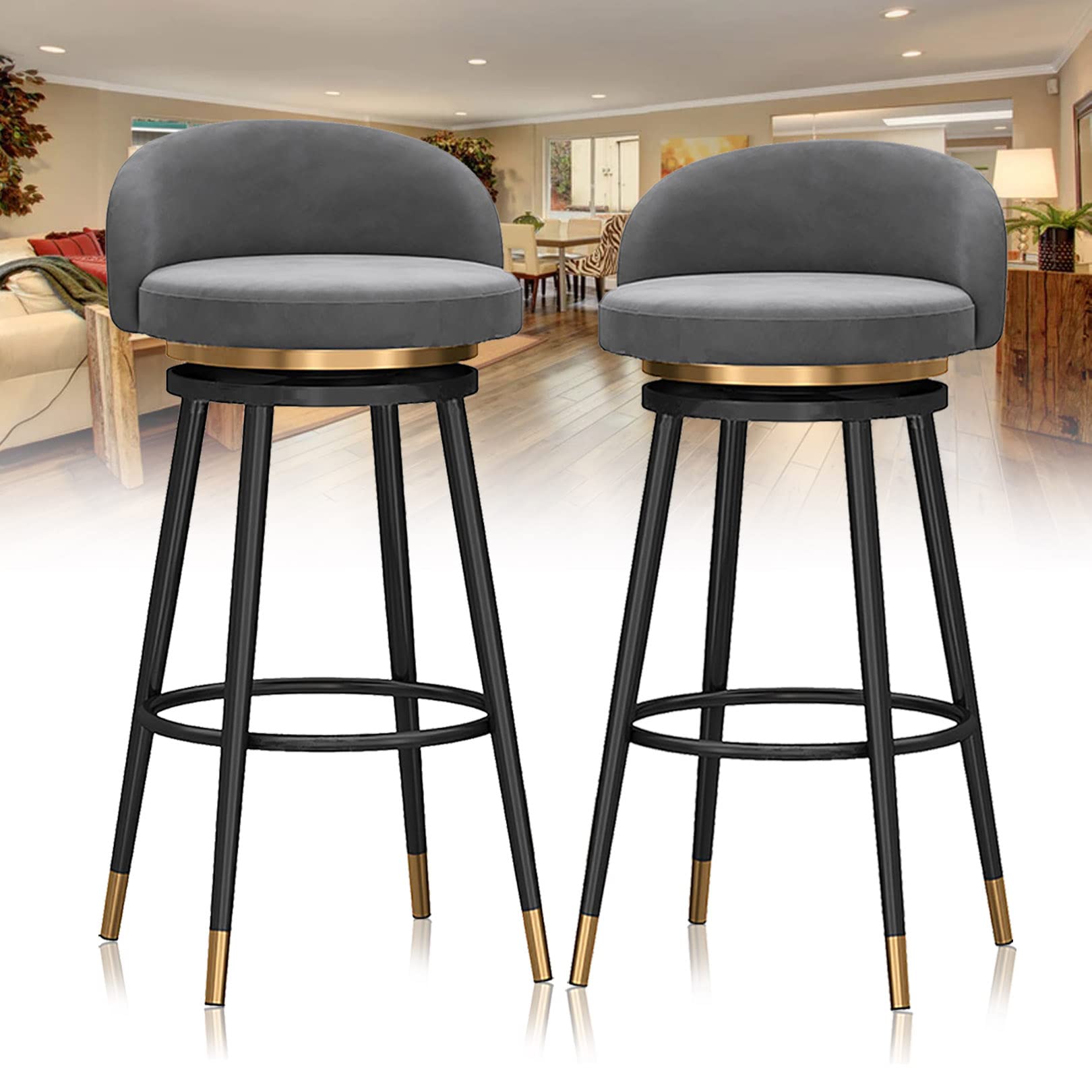 Moderno taburete de terciopelo con respaldo giratorio de 360° para isla de cocina, cómodo y elegante, taburete alto para barra de desayuno o restaurante