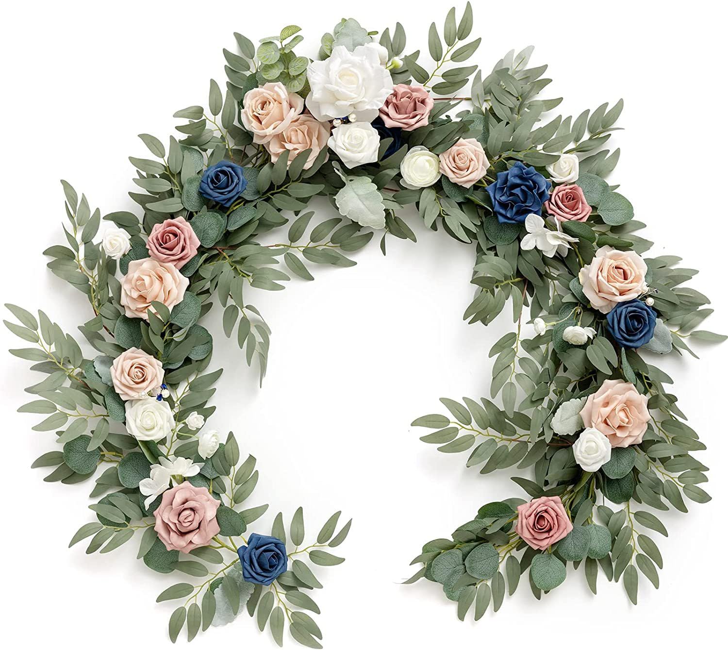 Künstliche Eukalyptus-Girlande mit Blumen, künstliches Grün, 1,8 m, Blau / Rosa