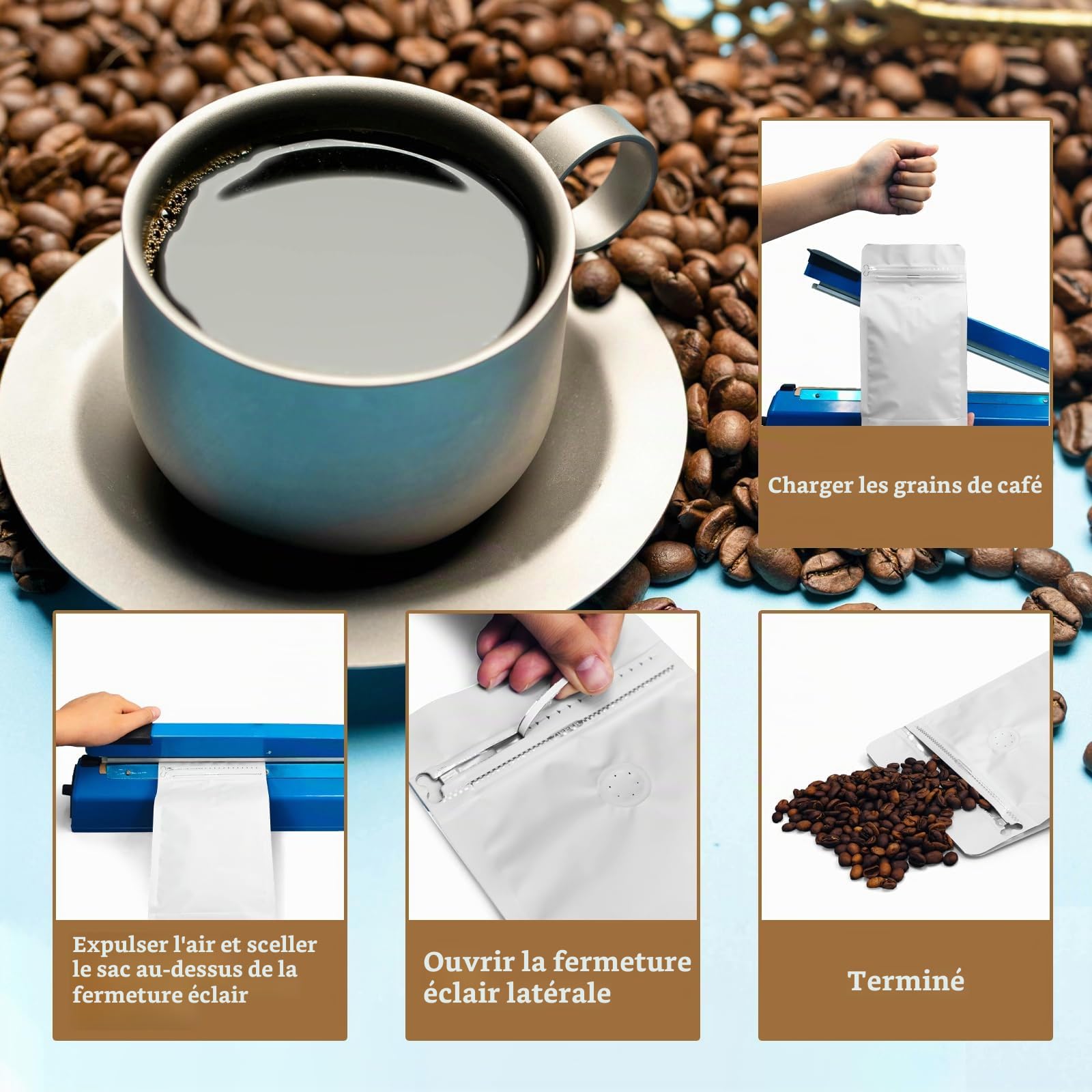 HUAYANG 60 Sacs à Café Alimentaires Standard Blancs avec Valve, Plastique Refermable avec Fermeture éclair