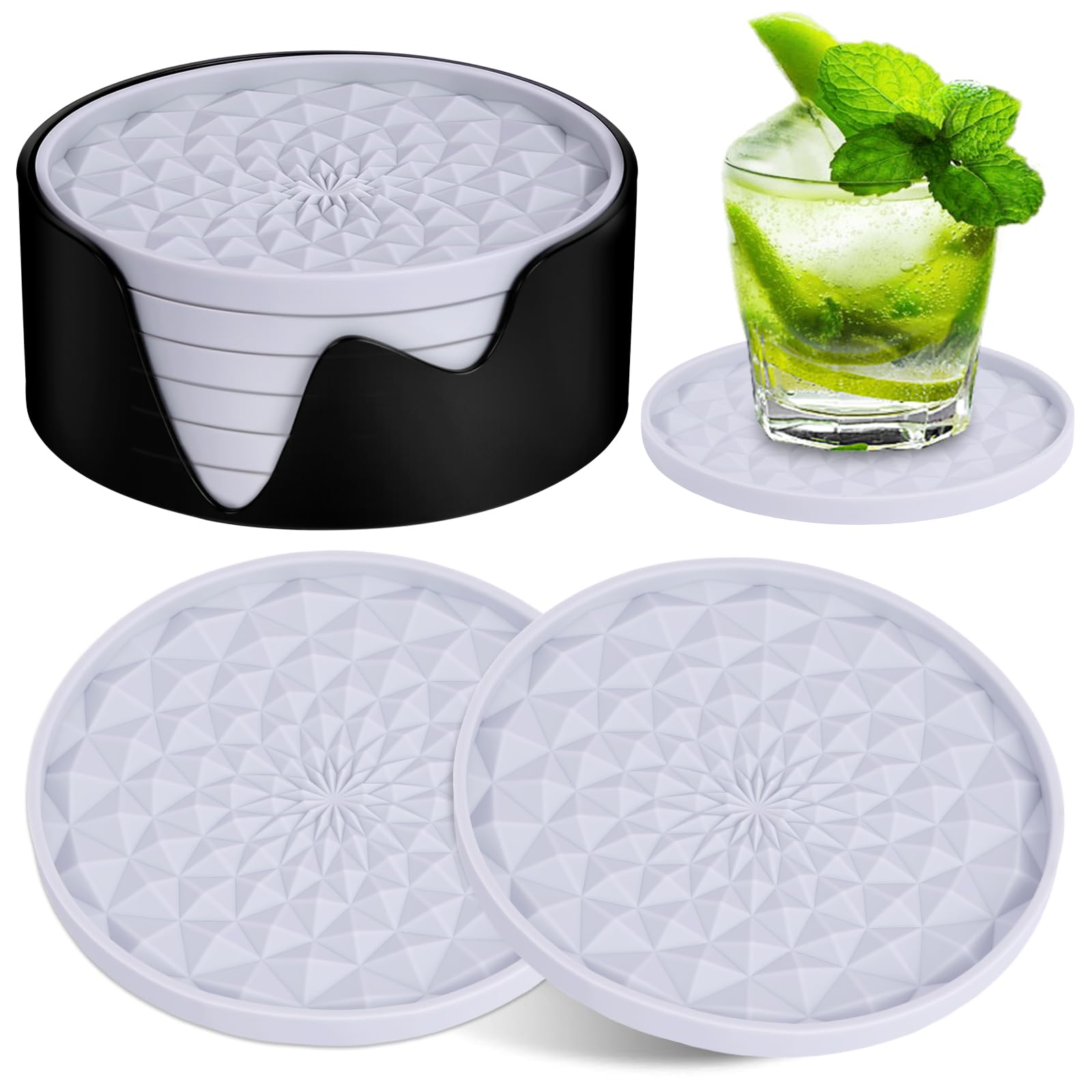 AUAUY 6 PCS Silicone Coasters with Storage Holder, Silicone Thick Design(0.28inch), Drinking Coasters, Cup Mat for Hot or Cold Drinks, Thickened, Non-Slip, Non-stick, Deep Tray, Light Gray