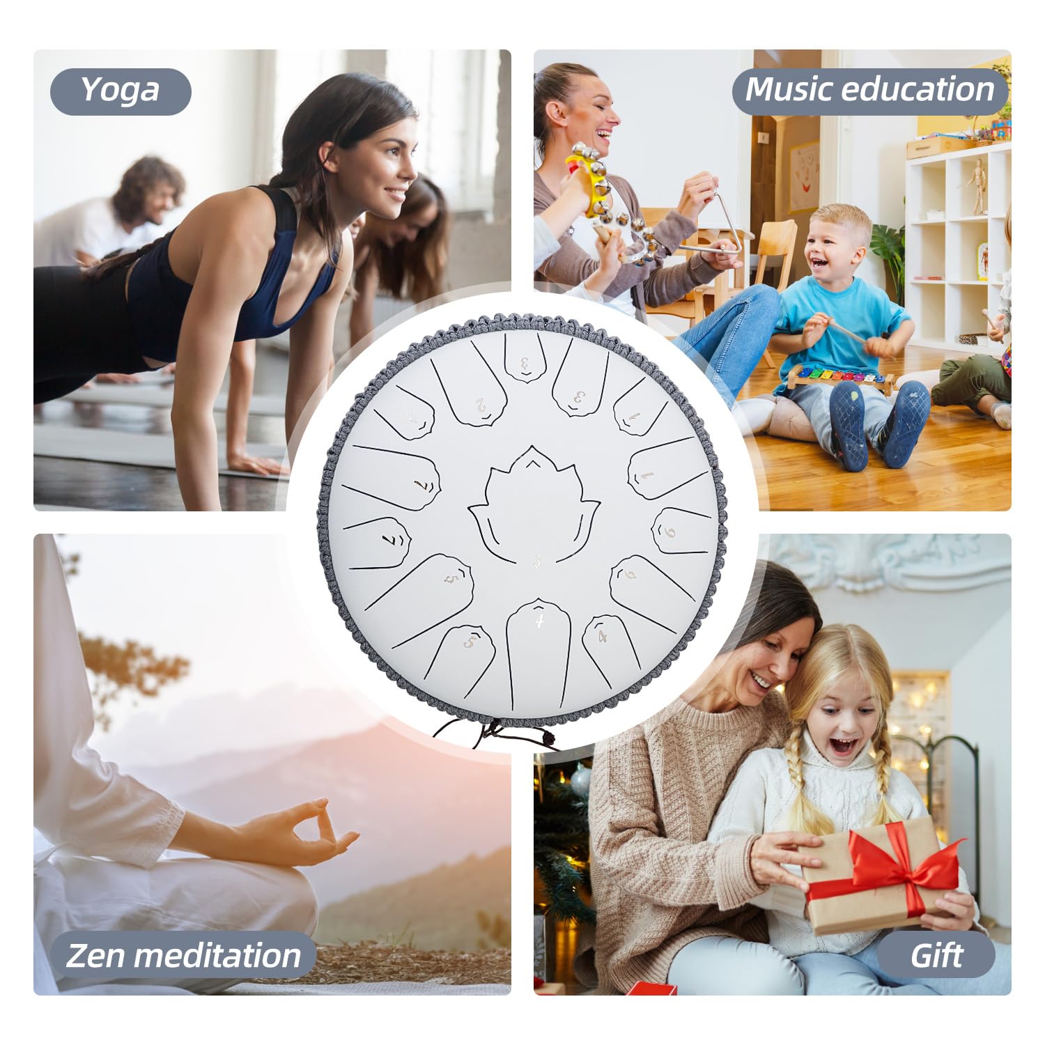 Tambour à langue en acier de 33 cm à 15 notes, avec sac de voyage en C, pagaies de doigt et livre de musique, percussion à main pour l'éducation musicale, la méditation, le yoga, cadeaux (blanc titane