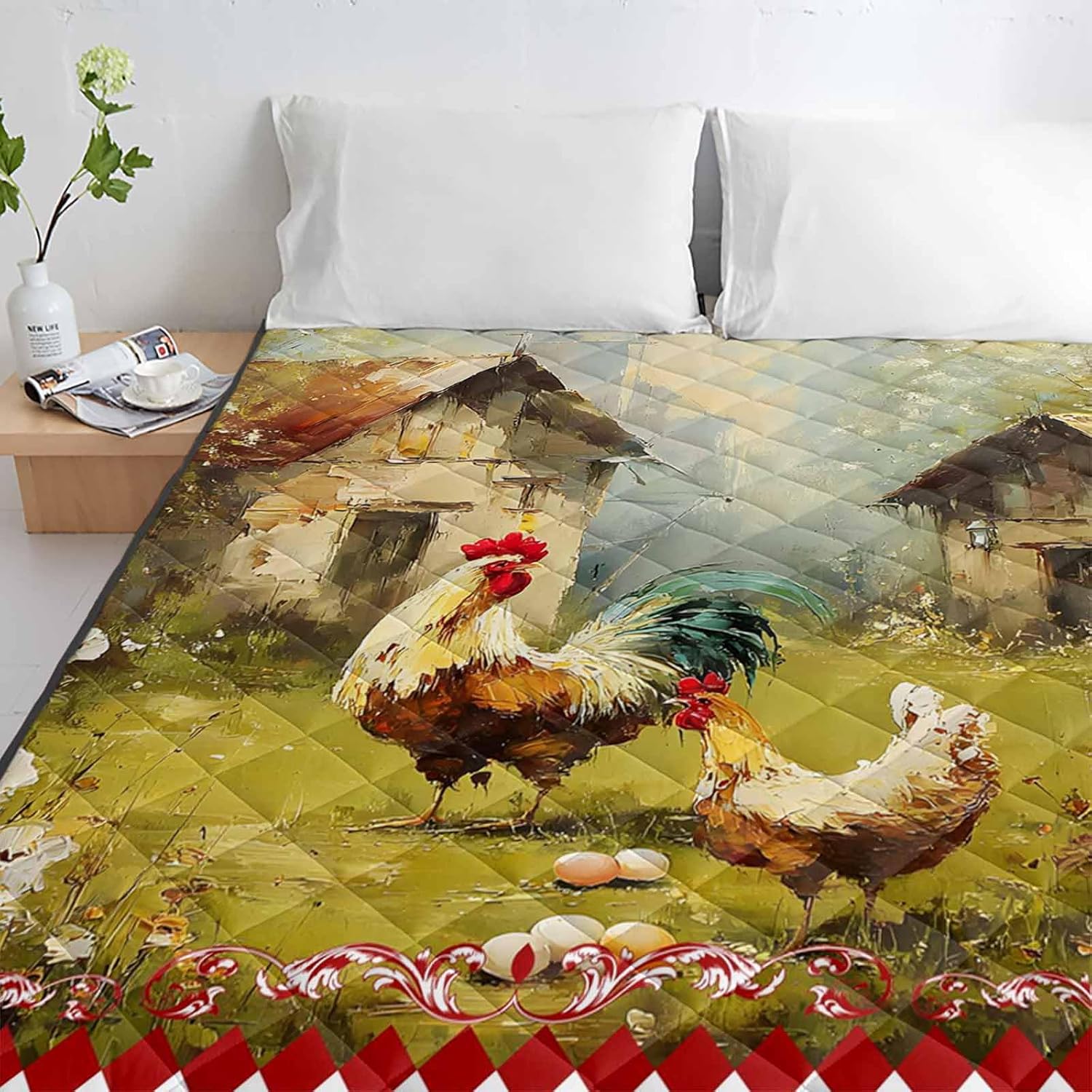 Quilt California King Luxury Quilted Comforter Bedspread-Thin Soft Cozy, Farmhouse Chicken Vintage Rustic Hen Red White Checkered Plaid Reversible Stitched Lightweight Quilt Coverlet for All Season