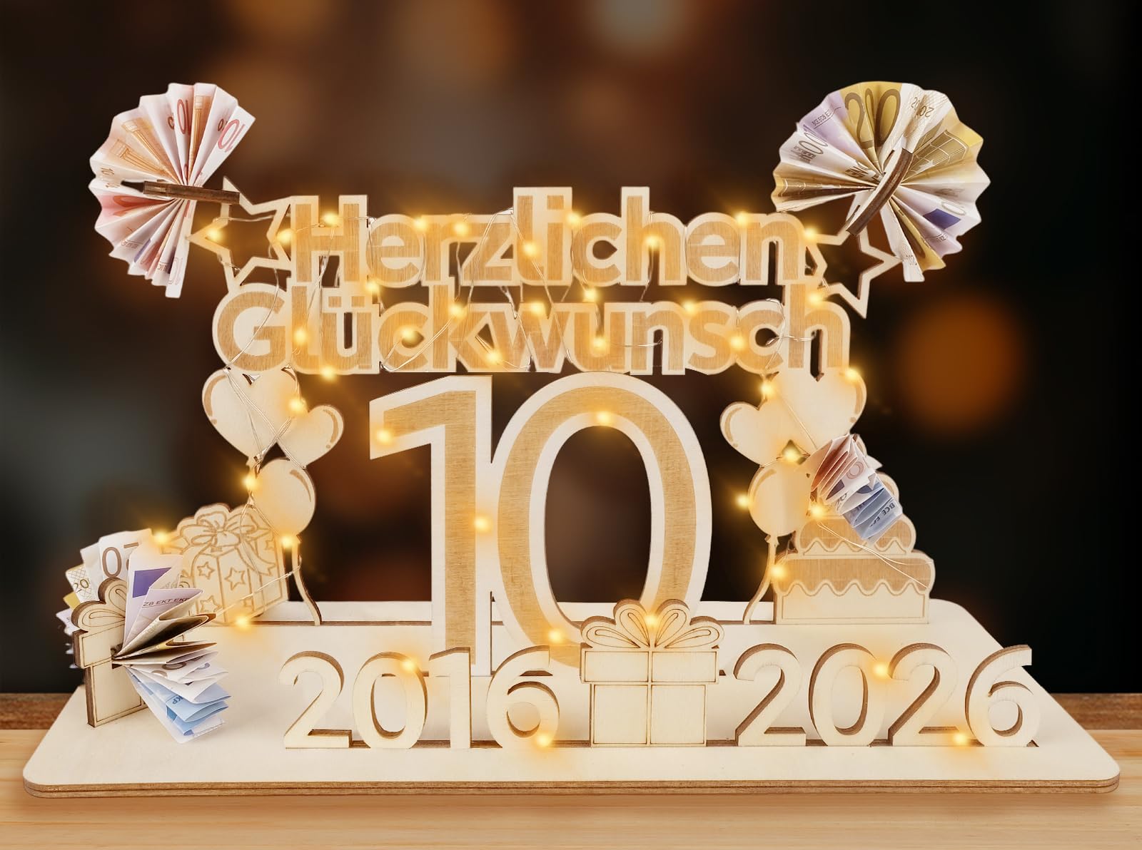 ARTREE 10 Geldgeschenke Geburtstag Mädchen & Jungen, Holz Schild Gästebuch mit LED Lichterkette, Personalisiertes Geschenke zum 10 Geburtstagszahlen, 10 Rosenhochzeit Deko, Herzlichen Glückwunsch