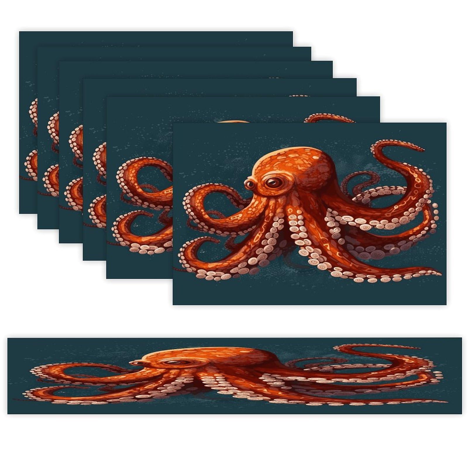 Animal Octopus Table Runner and Placemats Set of 6 Wipe Clean Heat Resistant Table Mat with Table Runner Decorations Flax Linen Place Mat Set for Home Kitchen Party Supplies