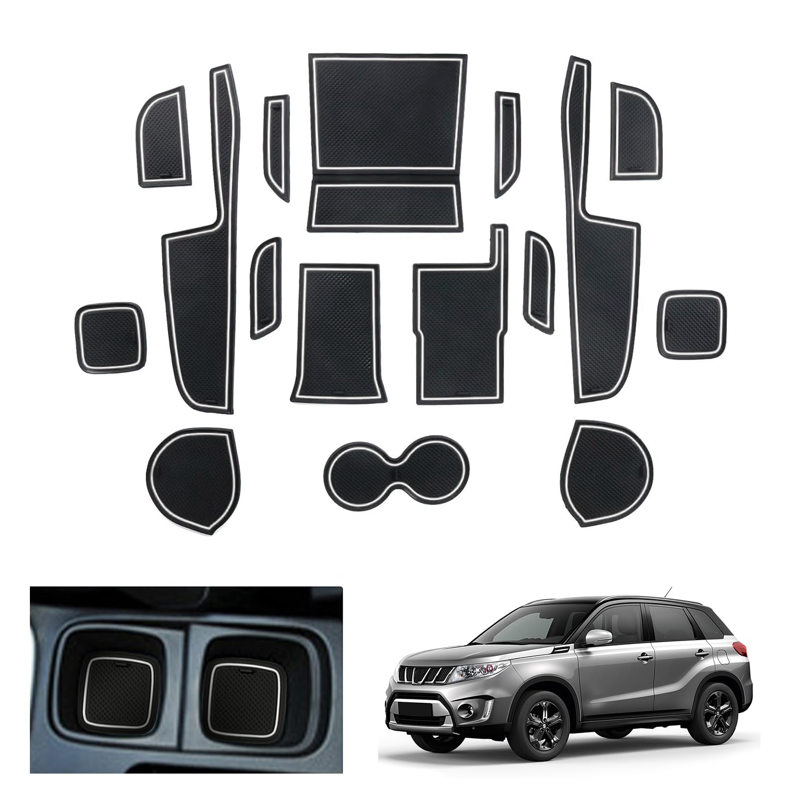 GAFAT Suzuki Vitara LY iV-4 Hybrid 2016-2025 2026 (automatyczna skrzynia biegów), maty antypoślizgowe, akcesoria Vitara, maty gumowe, konsola środkowa, pudełko do przechowywania, szew drzwiowy (biały)