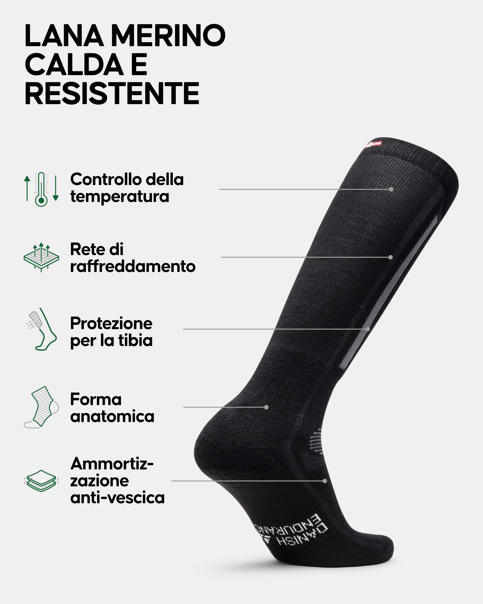 DANISH ENDURANCE Calze da Sci in Lana Merino, Termiche, Tecniche, Traspiranti, Uomo, Donna e Bambino