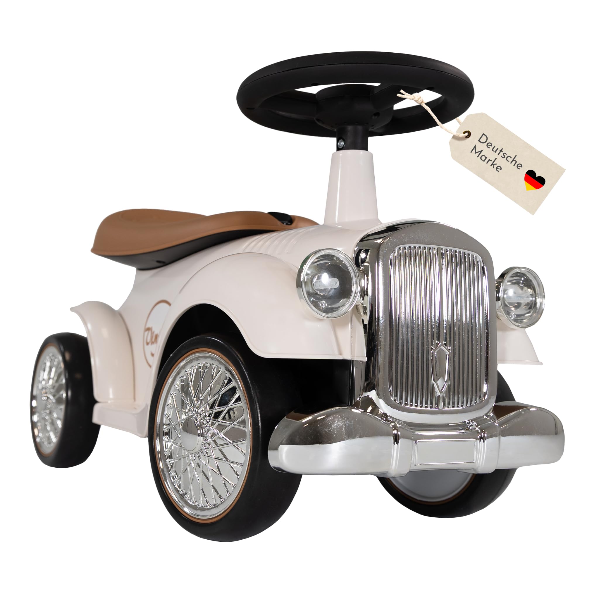 Lemodo Rutschauto weiß ab 1 Jahr für Kinder, Retro Rutschfahrzeug und Kinderfahrzeug aus Kunststoff mit sehr leisen Flüsterreifen, Hupe und Staufach unter dem Sitz, max. 25 kg Belastbarkeit