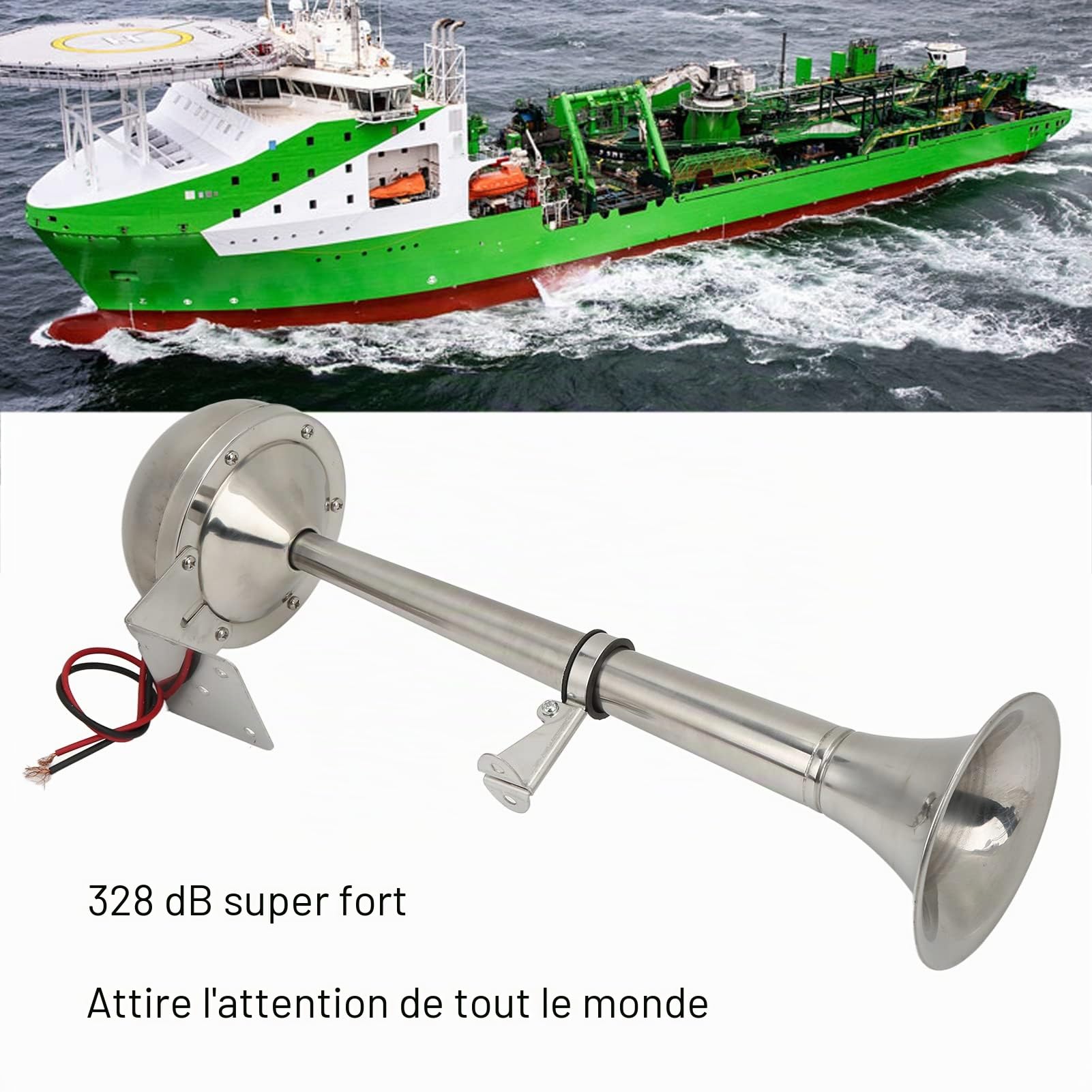 Klaxon à Air à Trompette Unique 328DB Super Fort 12V 30W - Installation Facile, Universel pour Voiture, Camion, Bateau, Train, SUV - Acier Inoxydable