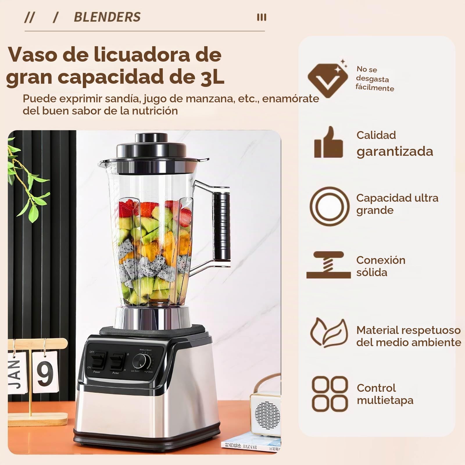 Batidora Multifunción 3L,Licuadoras para Zumos y Batidos con 15 Velocidades Ajustables, 3 Jarra de Batido, Cuchillas de Acero Inoxidable, para Preparar Batidos, Smoothies y Jugos (3 en 1)