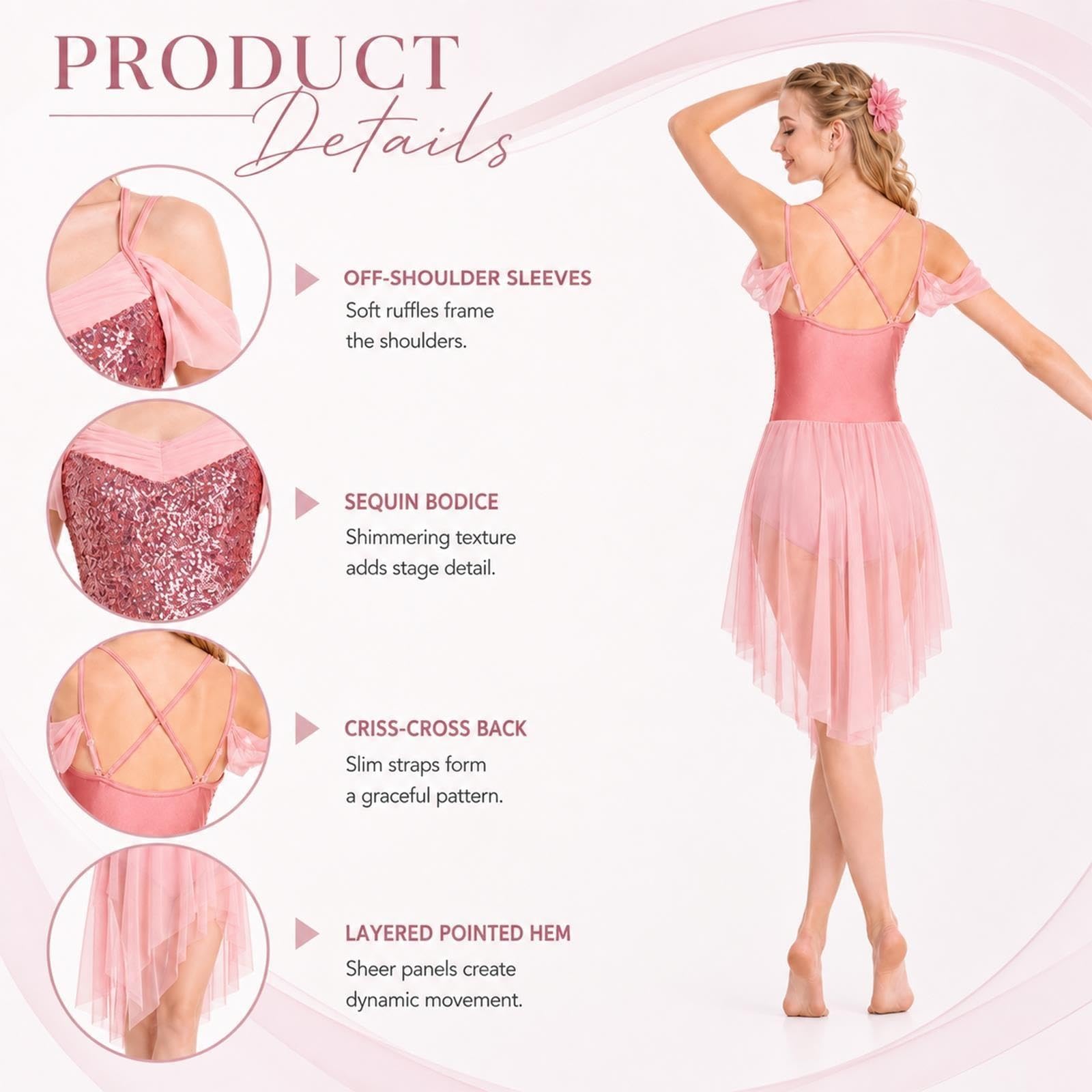 Abito da danza lirica donna e teen, body con paillettes e volant