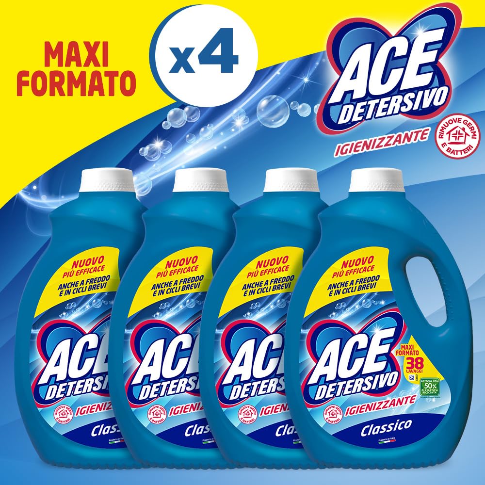 ACE Detersivo Igienizzante Classico – Detersivo Liquido Lavatrice, Rimuove Macchie e Sporco, Igienizza Tessuti, Bucato Pulito e Fresco anche a Freddo, Formula Efficace e Profumo Duraturo, 152 lavaggi