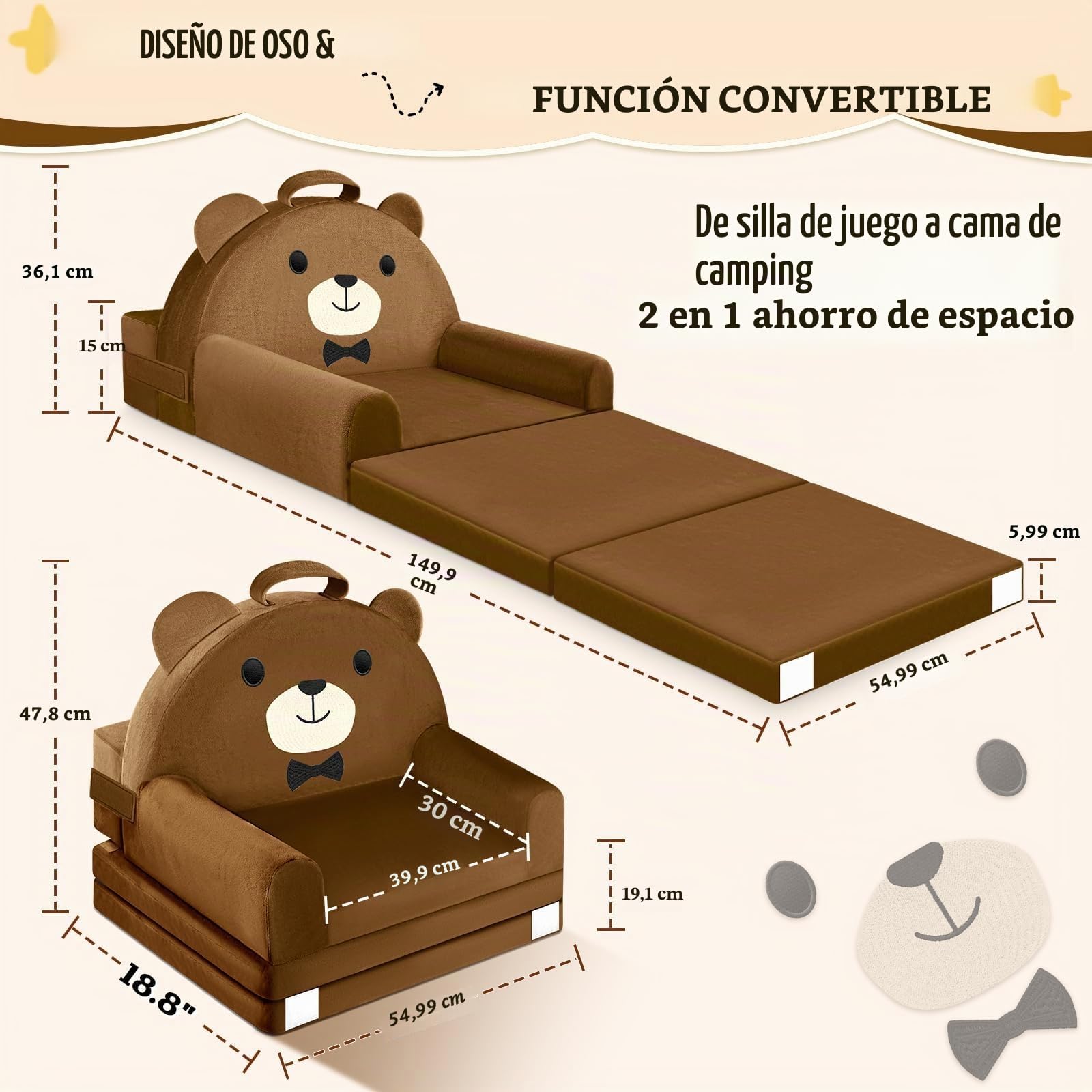 Sofá Infantil, 2 en 1 Silla Plegable para niños, 150cm Suave sofá de Terciopelo de Cristal para los niños pequeños para el Dormitorio, Sala de Estar