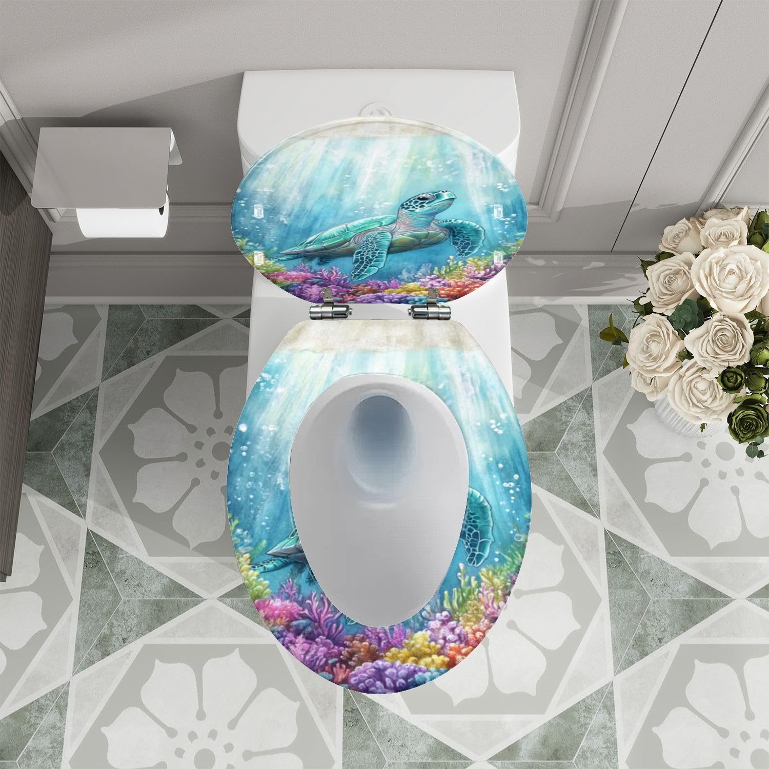 Elongated Resin Toilet Seat with Ocean Turtle Coral Scene, Quiet Close
