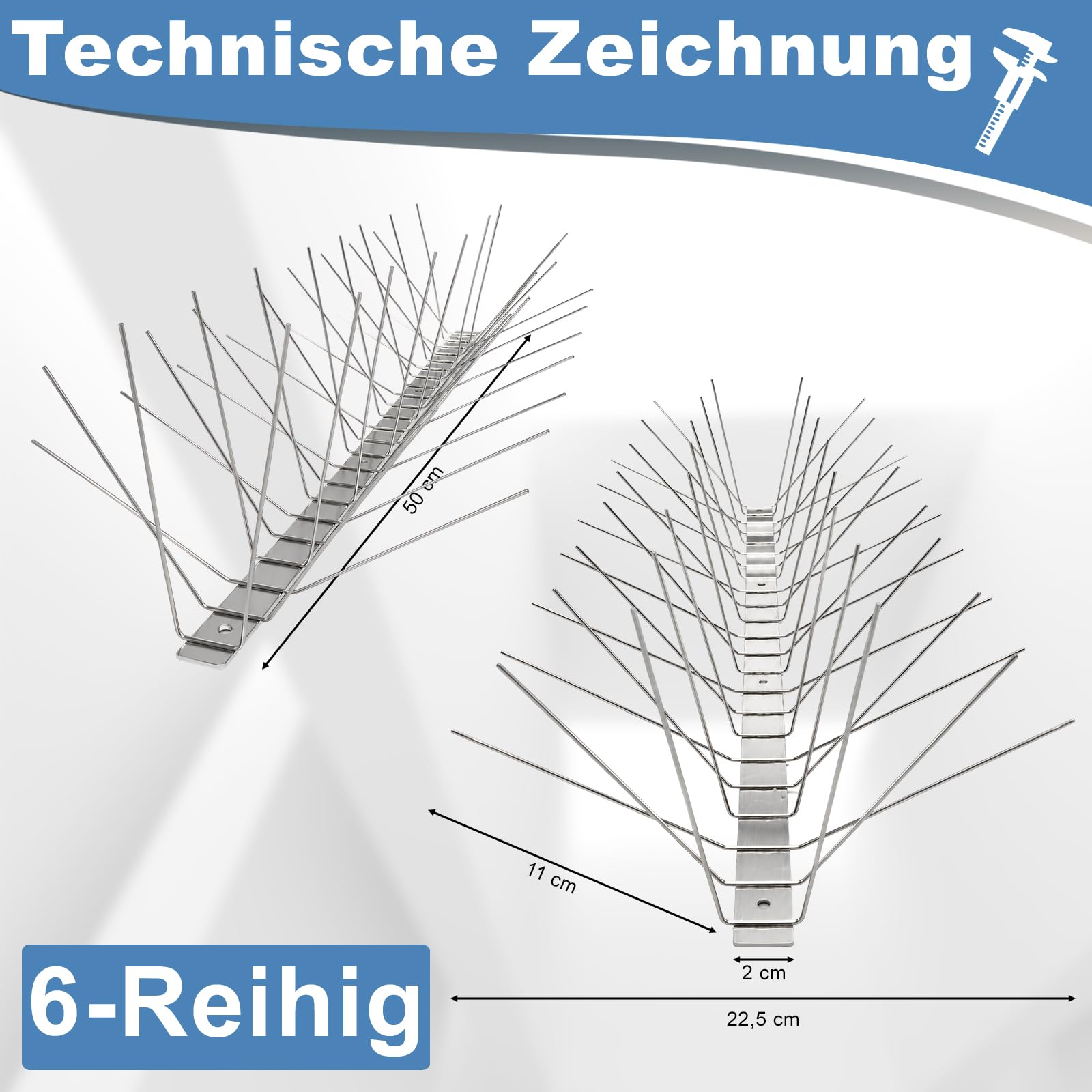 Taubenabwehr Vogelabwehr mit Edelstahlgrundplatte 6-reihig 5 Meter (10 x 0,50cm vormontierte & einsatzbereite Spikes) Vogelschreck für Tauben & kleine Vögel Rostfrei aus Edelstahl V2A
