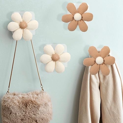 Miniatura 6 de Paquete de 2 ganchos adhesivos de pared con flores para colgar toallas, abrigos, ganchos adhesivos para baño, ducha, cocina (caqui)
