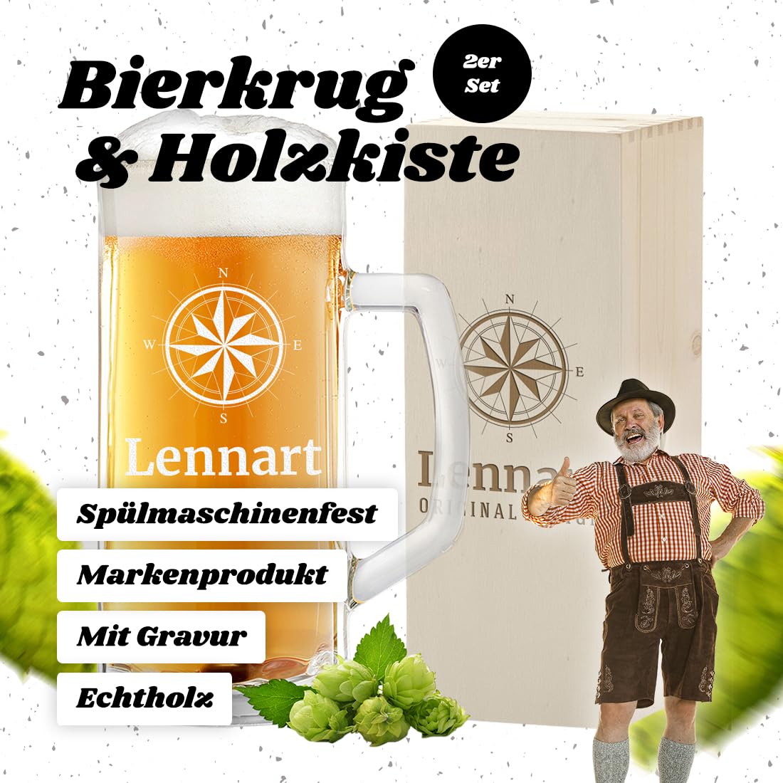 Polar-effekt Bierkrug 0,5L Mit Gravur & Holzkiste - Personalisiertes Geschenk-Set