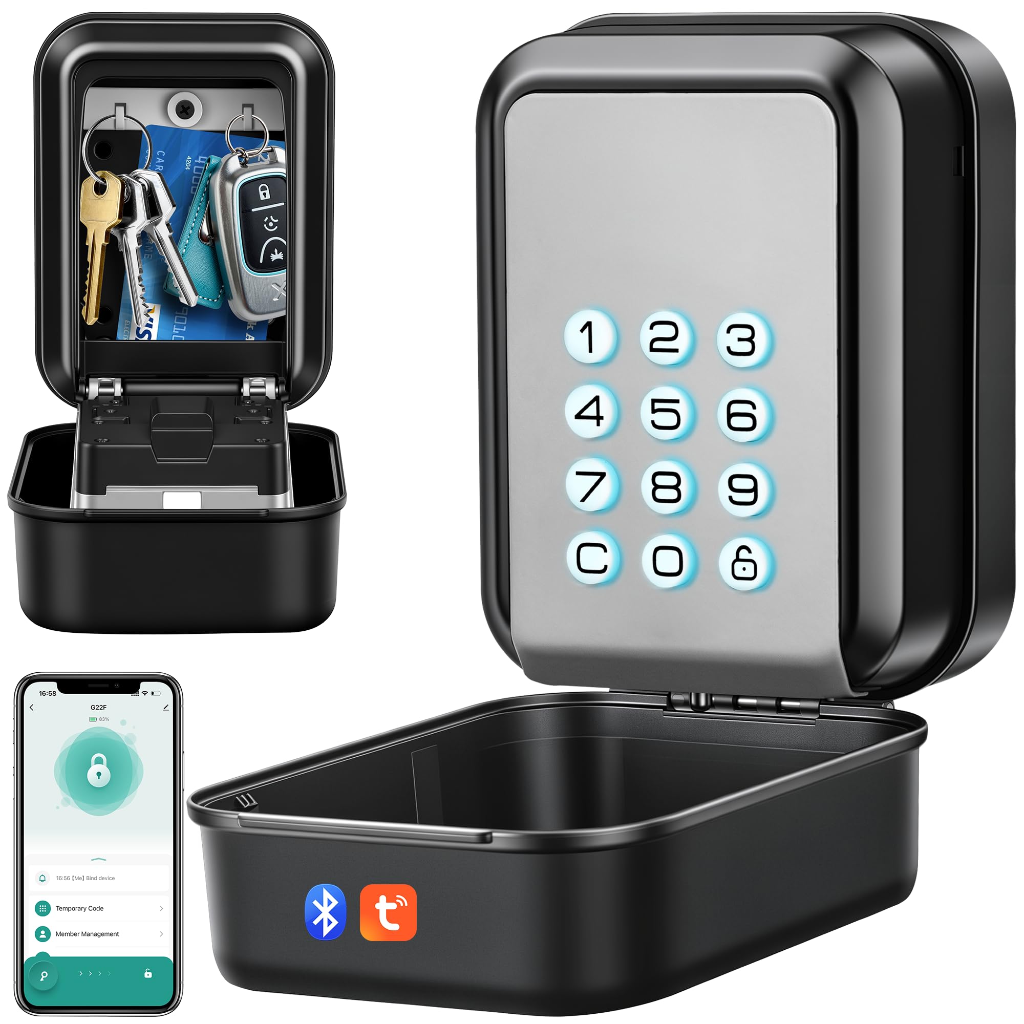 Smart Caja de Seguridad para Llaves Grande Cajetin Llaves con Codigo Retroiluminada Bluetooth y Código Pin Desbloquear Caja Llaves Pared Exterior Compatible con Aplicación Tuya (Gris)