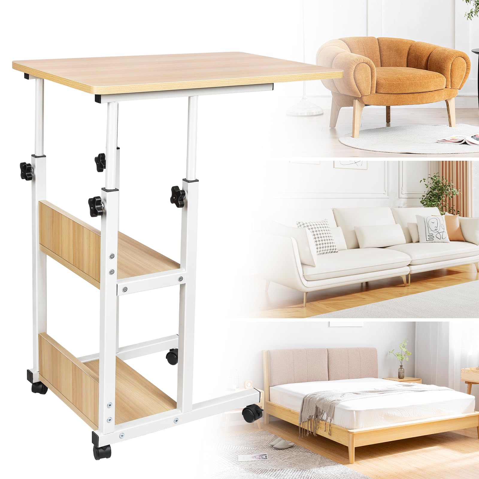 Table De Lit A Roulette Pour Ordinateur Portable, 60 X 40 Cm, Bureau Debout Tablette Et Hauteur Réglable, Table D'Appoint Canapé En Forme De C,Naturel | Leroy Merlin
