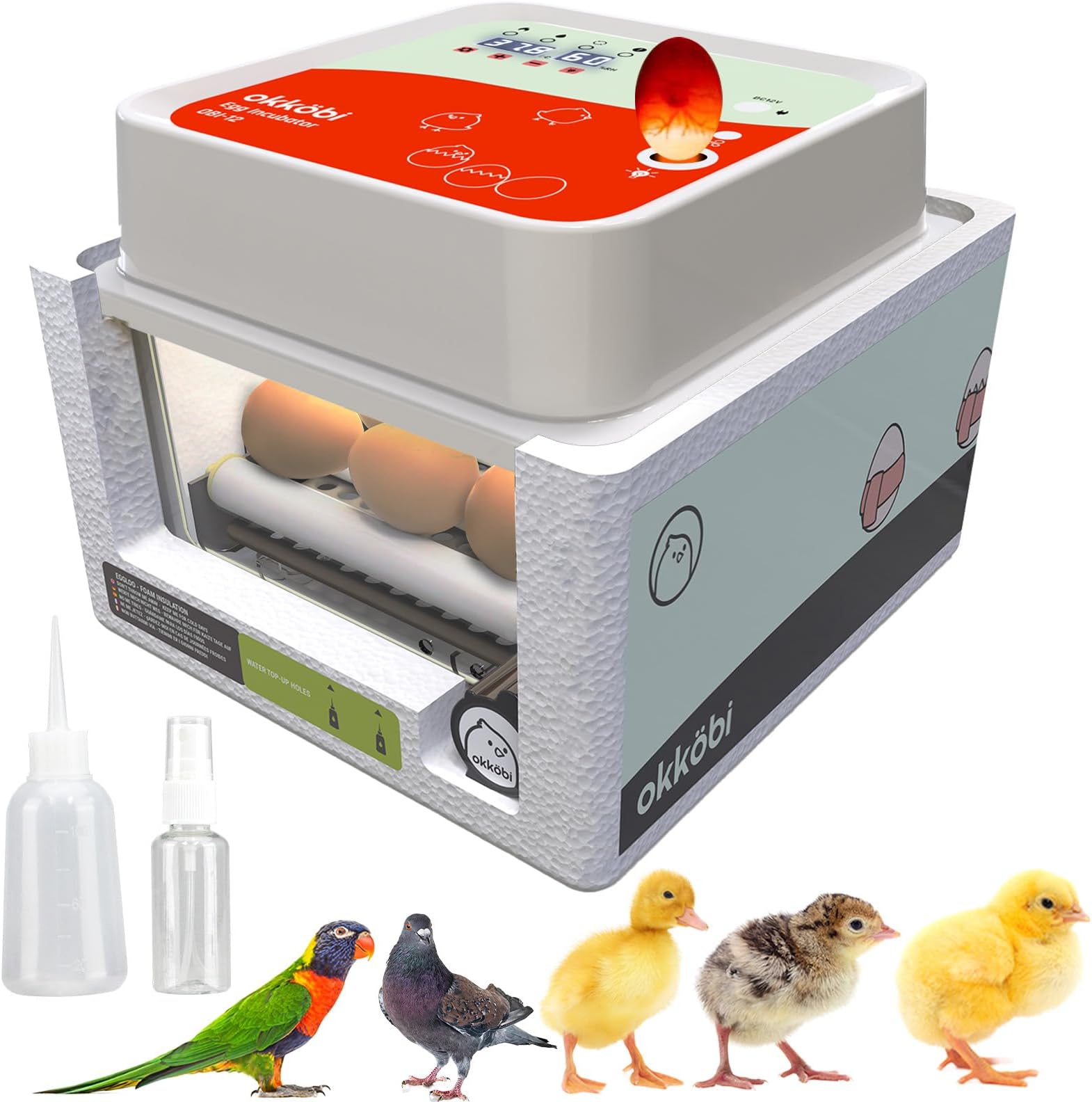Incubators for Hatching Eggs - 12 Eggs - Ideal All Ages | Egg Incubator with Automatic Egg Turning and Humidity Control - Integrated Egg Candler - Okkobi OBI-12