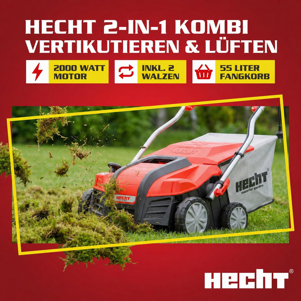 HECHT brandneuer 2 in 1 elektro Vertikutierer - Vertikutierer Elektro für einen schönen grünen saftigen Rasen – Starke 2000 Watt mit Lüfter- und Messerwalze - großzügiger 55l Auffangsack – elektrisch
