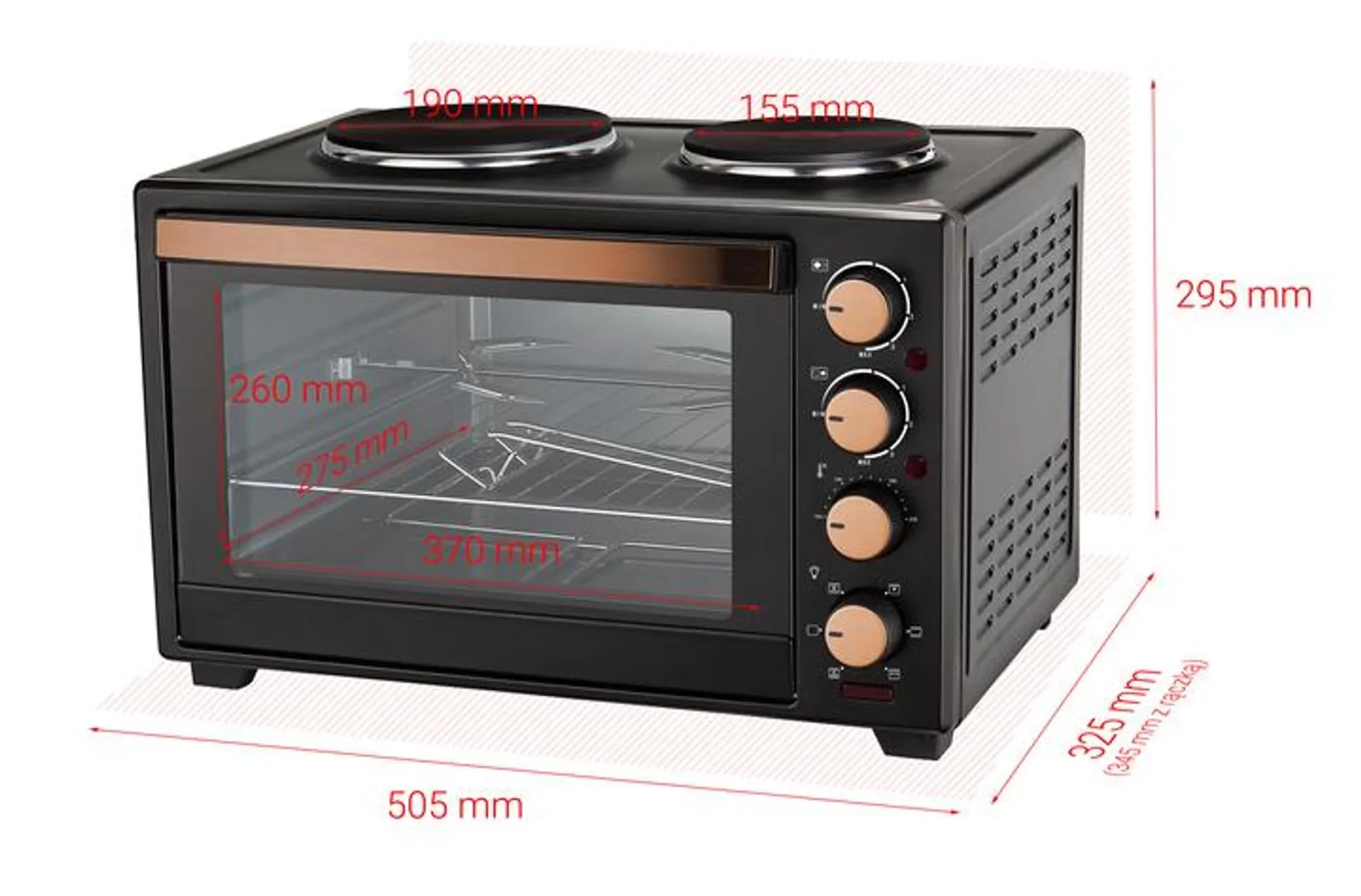 Kalorik – Mini Piekarnik Elektryczny – Płyta grzewcza 2 w 1 do Wszechstronnego Gotowania i Pieczenia, z Funkcją Termoobiegu i Rożnem Obrotowym, 3300 W, 30 litrów, 2 Palniki, Czarny