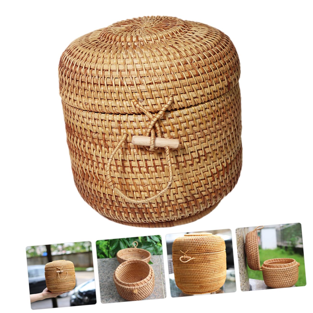 Mikinona Rattan Storage Box Rattan Baskets for Storage Rattan Woven Basket Tea Leaf Storage Holder Woven Basket with Lid Woven Baskets Rattan Storage Basket Round Wicker Bowls Round Basket