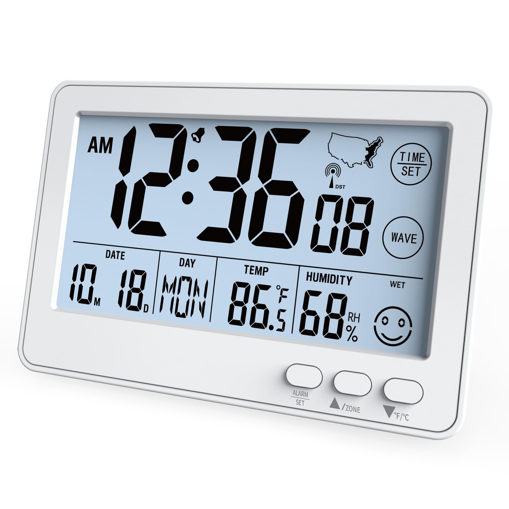 KJMOPRO Small Desk Atomic Clock, Auto Set Digital Desk Clocks with Temperature, Humidity and Date, Alarm Clock for Bedroom, Office, 4 Time Zone, (White)