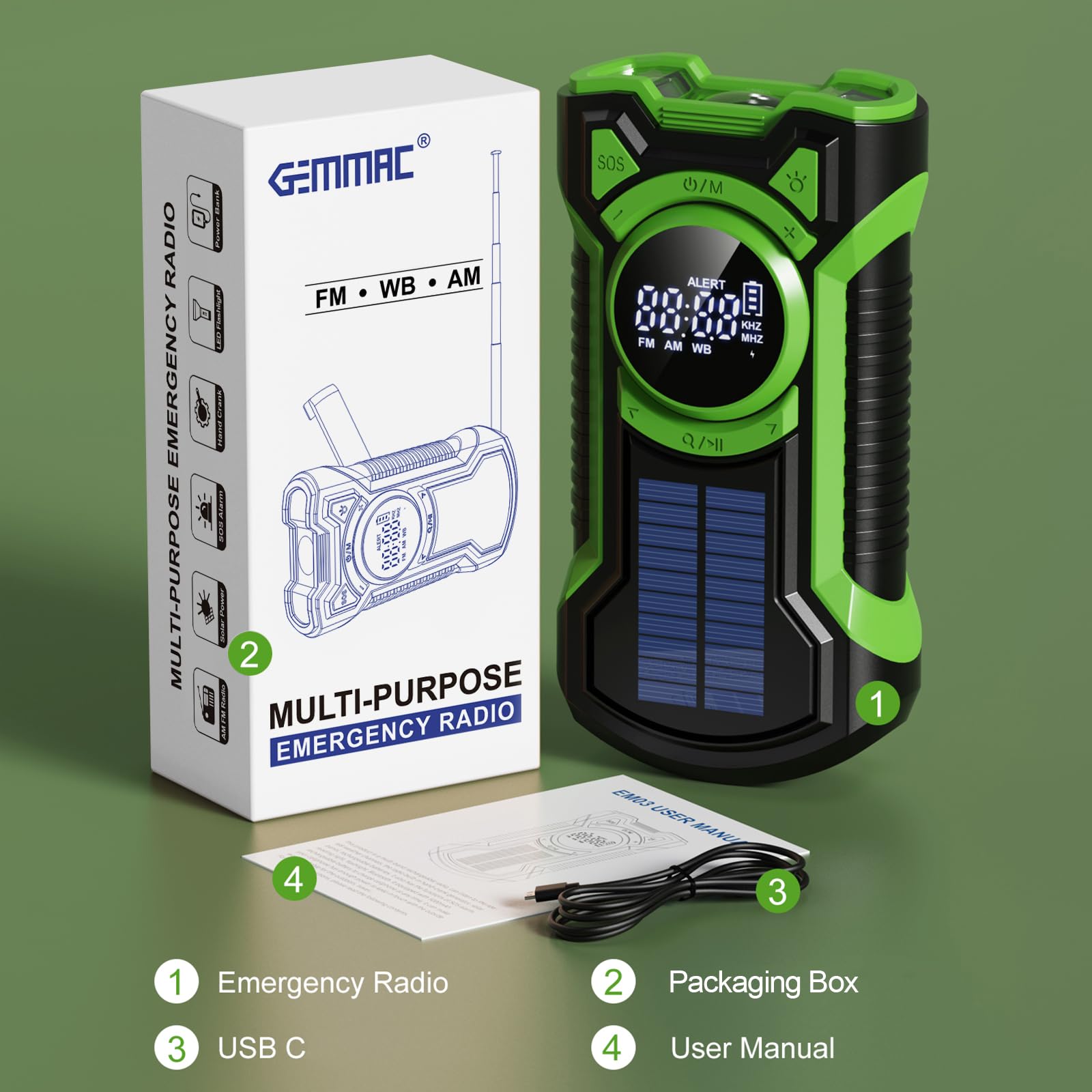Gemmac Radio Awaryjne z Ręczną Korbą i Bluetooth, AM/FM/SW Radio Słoneczne z Korbką z Akumulatorem 5000 mAh Power Bank/SOS Alarm/Latarka, USB Zasilanie Bateryjne Radios dla Outdoor Camping Emergency