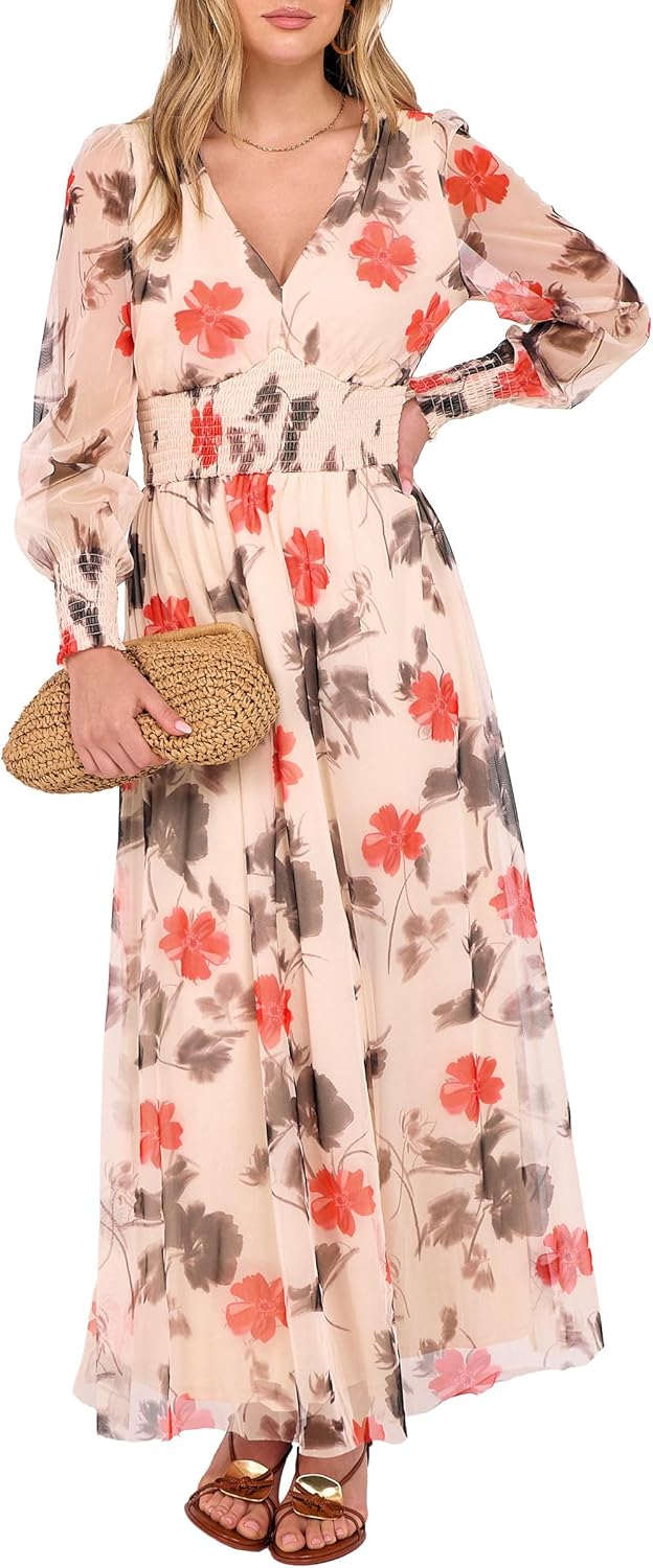 ANRABESS Women's Floral Maxi Dress 2025 Fall V Neck Puff Long Sleeve Flowy Casual Wedding Guest Tea Party Tulle Dresses