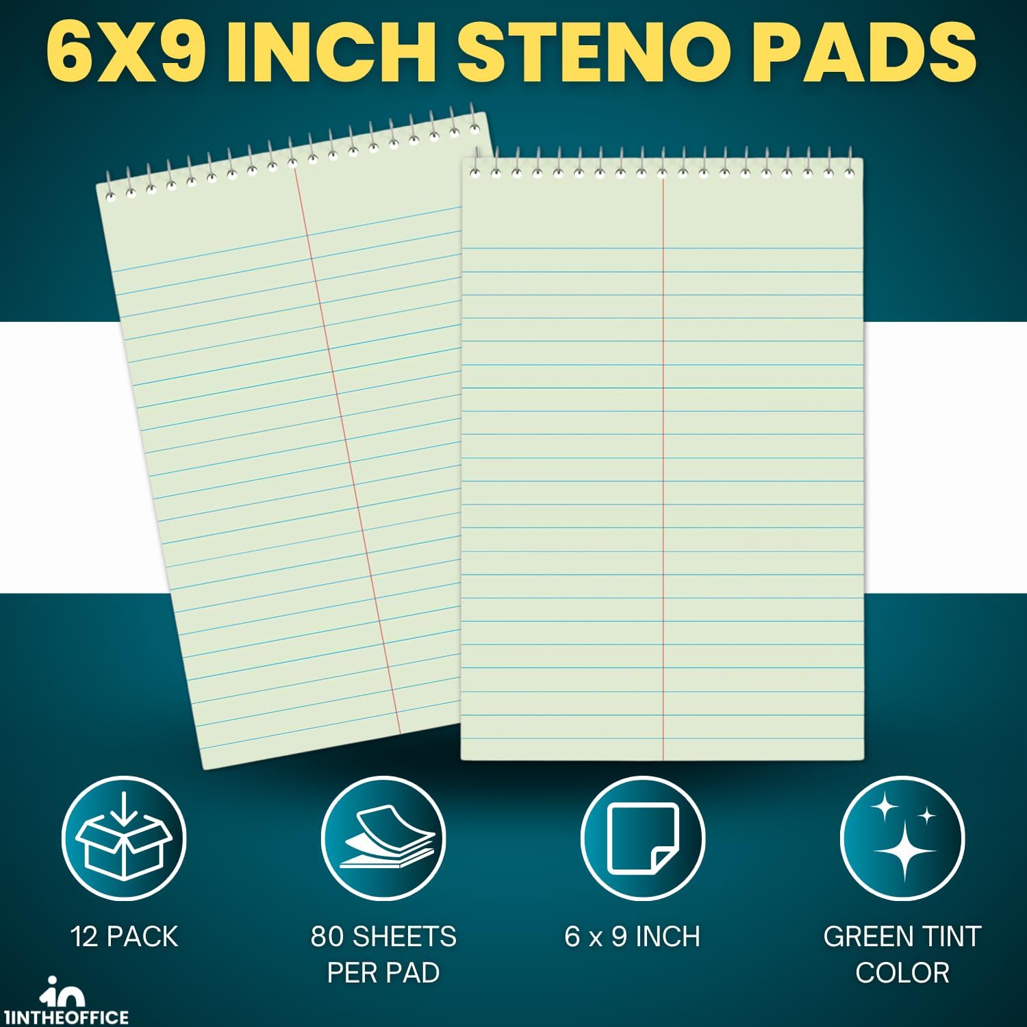 1InTheOffice Steno Pads Spiral 6x9, Spiral Note Pad, Writing Note Pad, Gregg Ruled, 80 Sheets/Pad, Green, 12 Pads/Pack