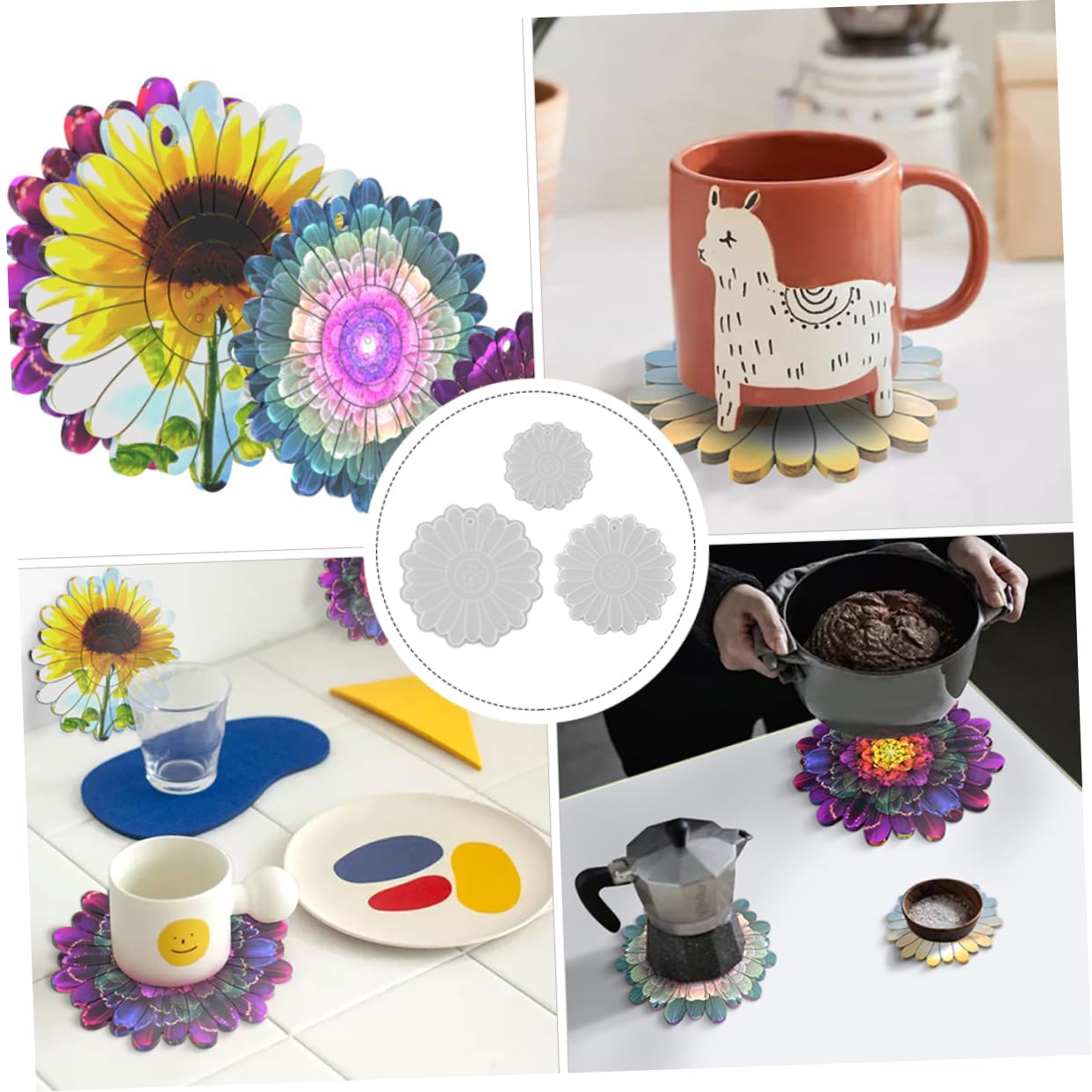 HOMSFOU 3 Set Stampo Silicone Per Sottobicchieri Stampo Per Resina Diy Silicone Mold Per Decorazioni Fatte Mano Facile Da Usare E Trasparenza E Flessibilità 3 Pezzi*3