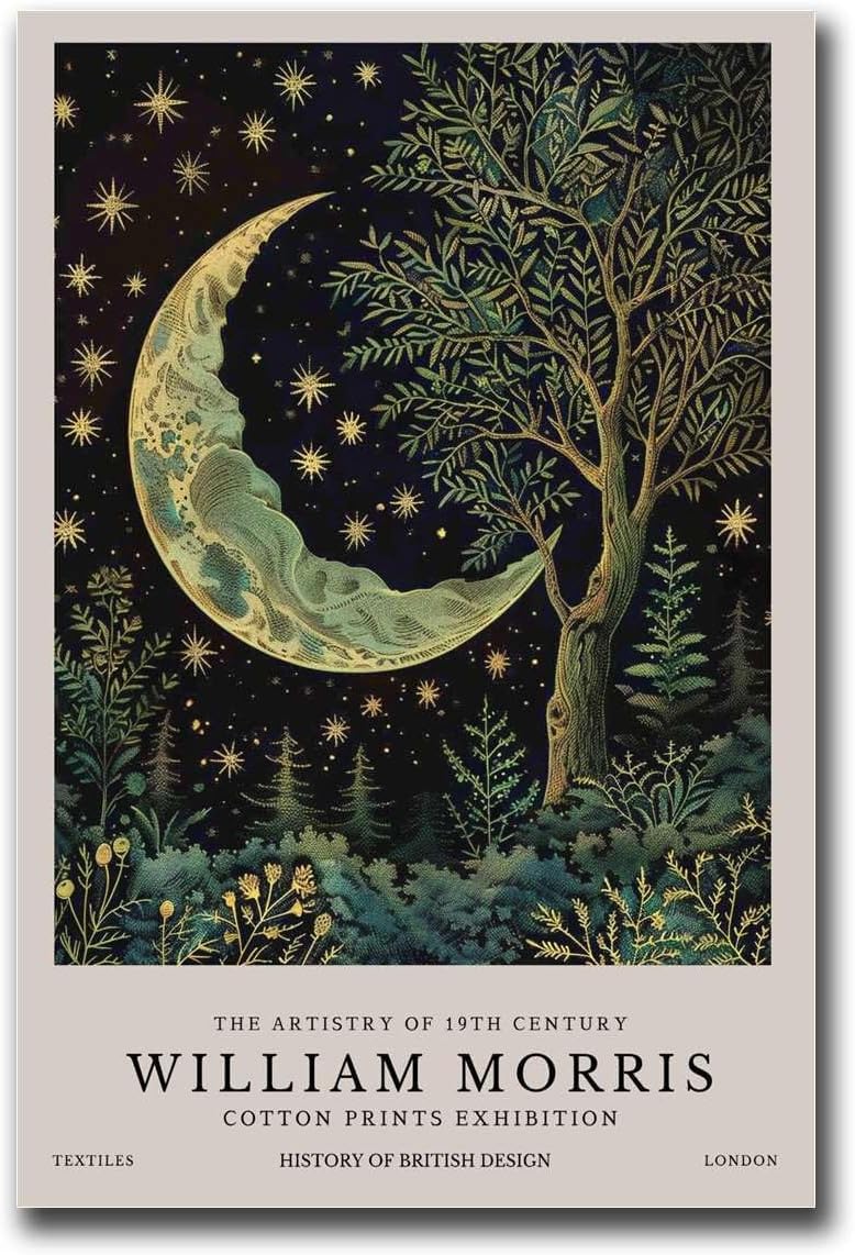 ZZYGGN GMGSW William Morris Prints《Moon And Tree》Poster Exhibition Wall Art William Morris Canvas Painting Flower Picture for Home Wall Decor 16x20in Frameless
