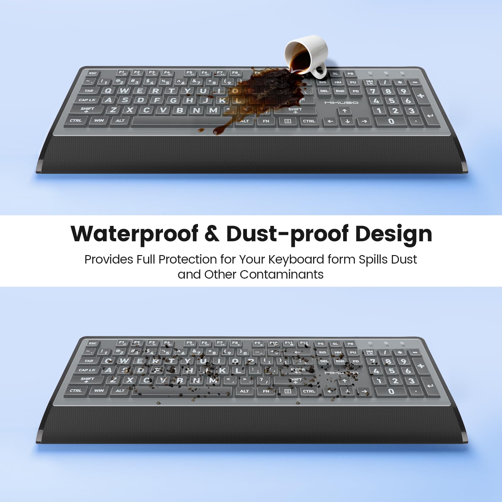 Große Drucktastatur, USB-Tastatur mit Handgelenkauflage und Staubschutz, 104 Tasten, leicht zu sehen, schwarz mit weißen Buchstaben, für Senioren, niedrige Sicht, Bürotippen, faltbare Füße