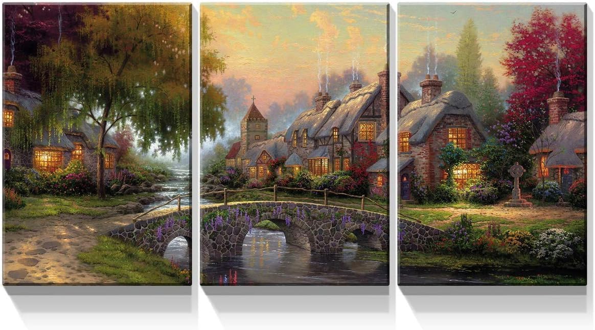 Denozer 3 Panels Classic American Countrystyle Canvas Wall Art 12x16 inch Thomas Kinkade Garden Landscape Painting for Living Room Modern Landscape Prints for Home Decor